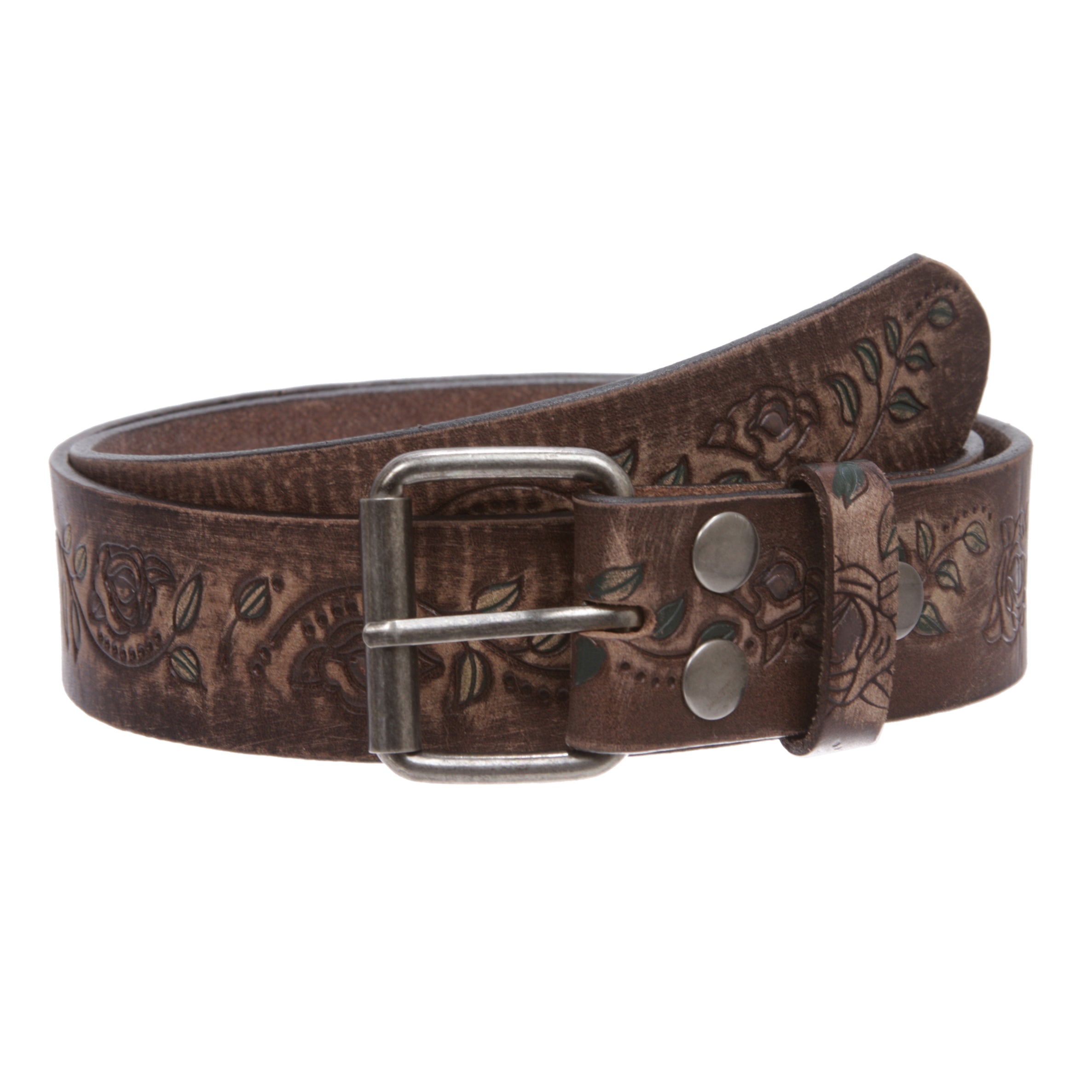 1 1/2" Snap On Floral Tree Engraving Oil Tanned Vintage Full Grain Leather Belt - OnlineBelts