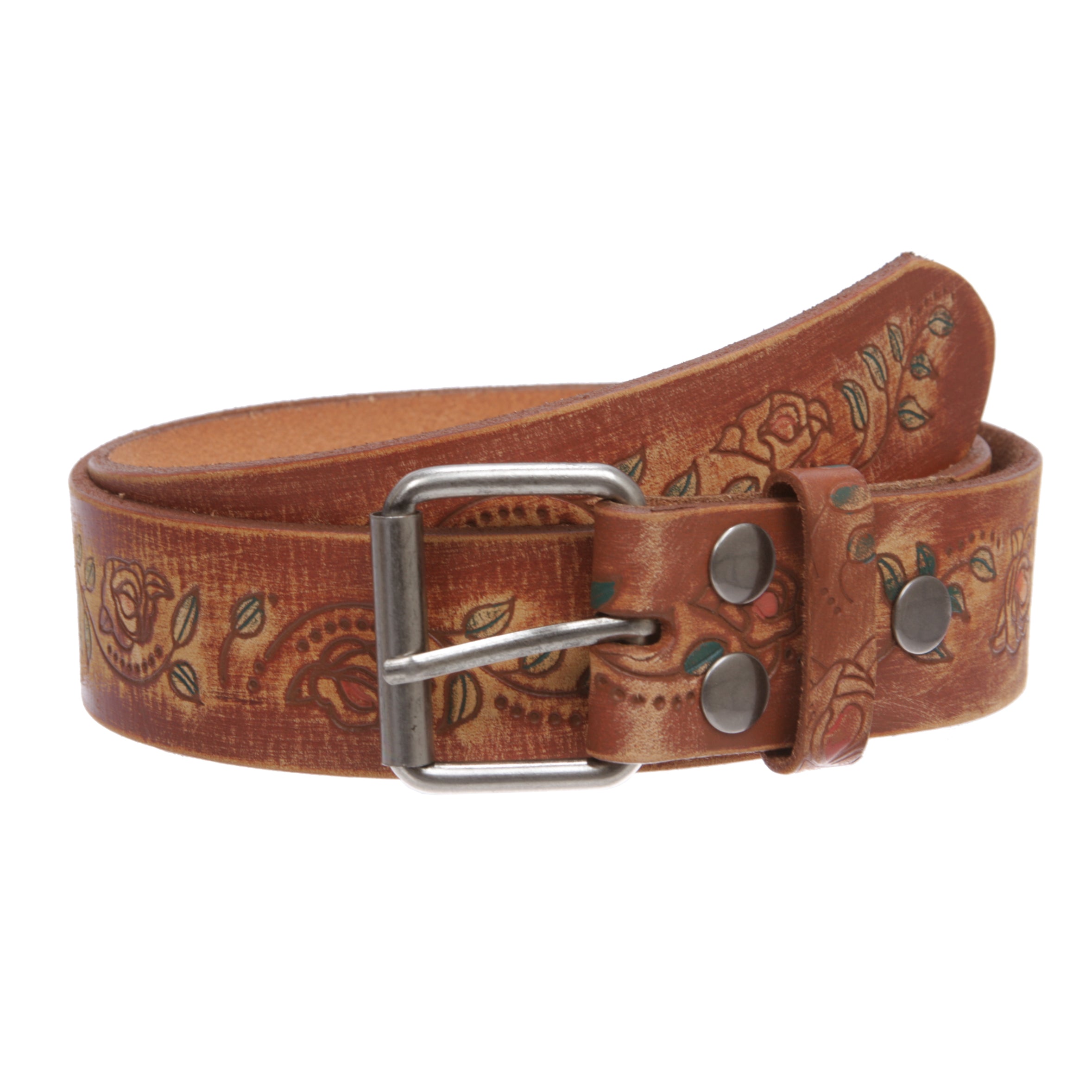 1 1/2" Snap On Floral Tree Engraving Oil Tanned Vintage Full Grain Leather Belt - OnlineBelts