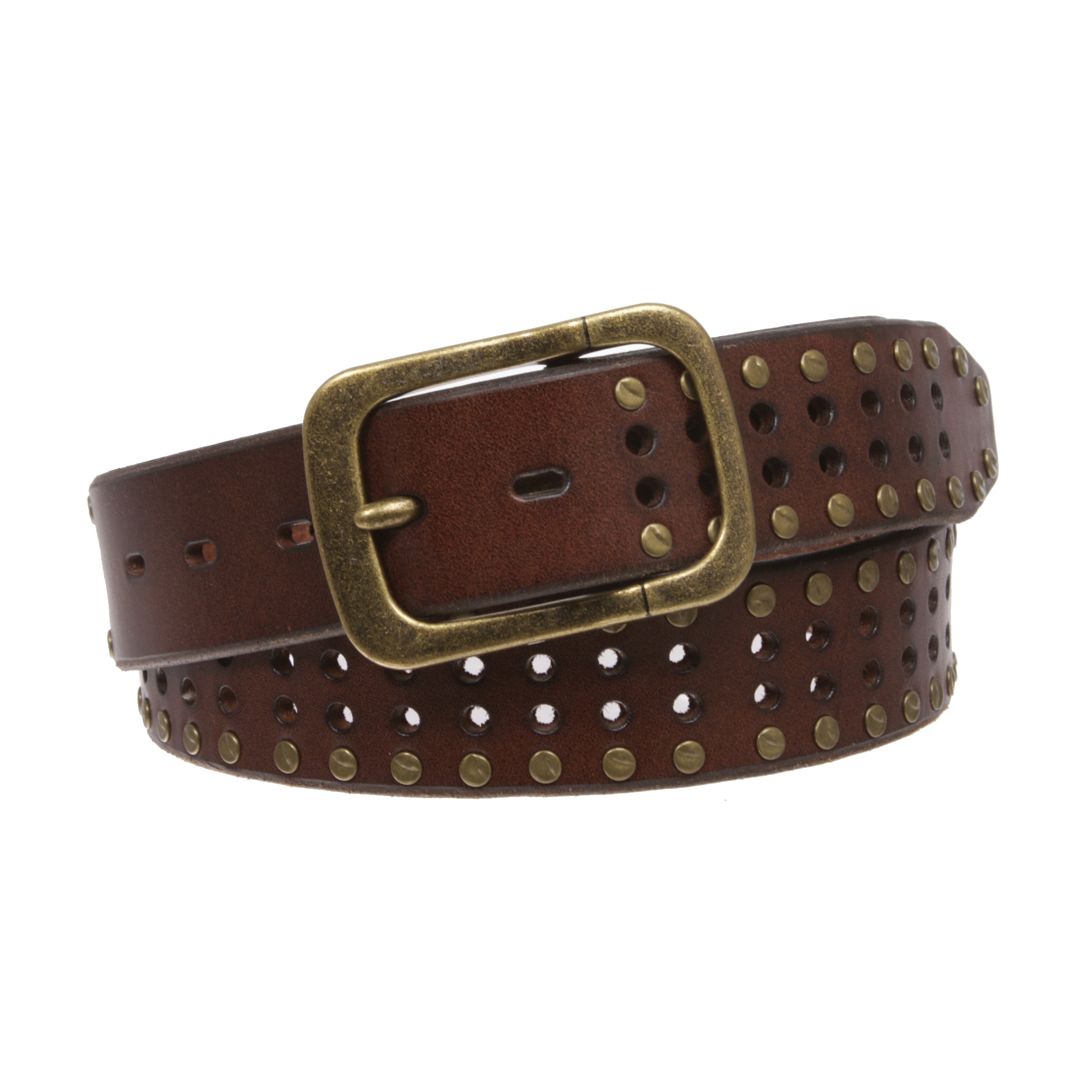 1 1/2" (38 mm) Snap on Vintage Cowhide Metal Circle Studded Leather Belt - OnlineBelts