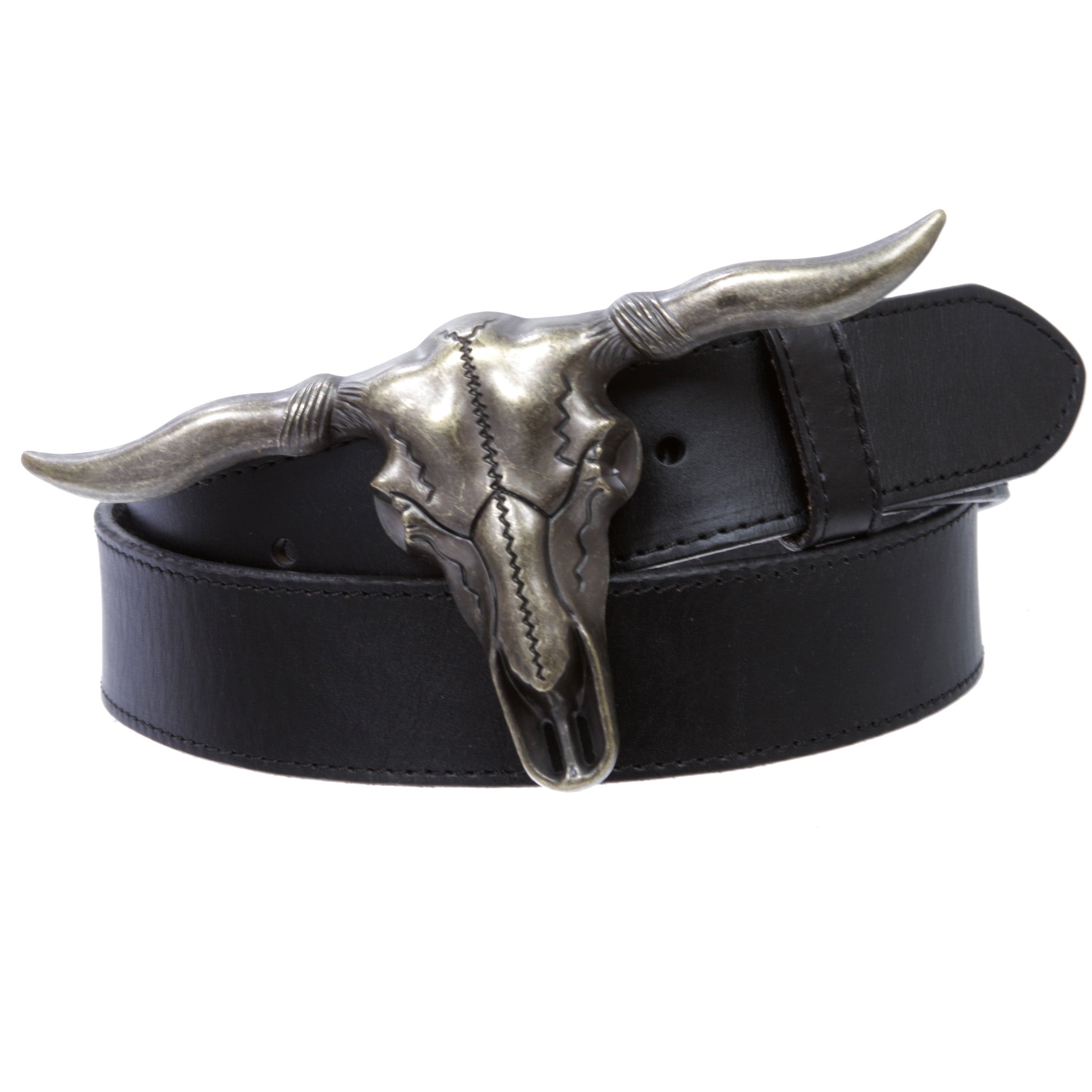 1 1/2" Snap On Horn Bull Western Texas Cowboy Large Buckle With Cow High Full Top Grain Leather Plain Belt - OnlineBelts