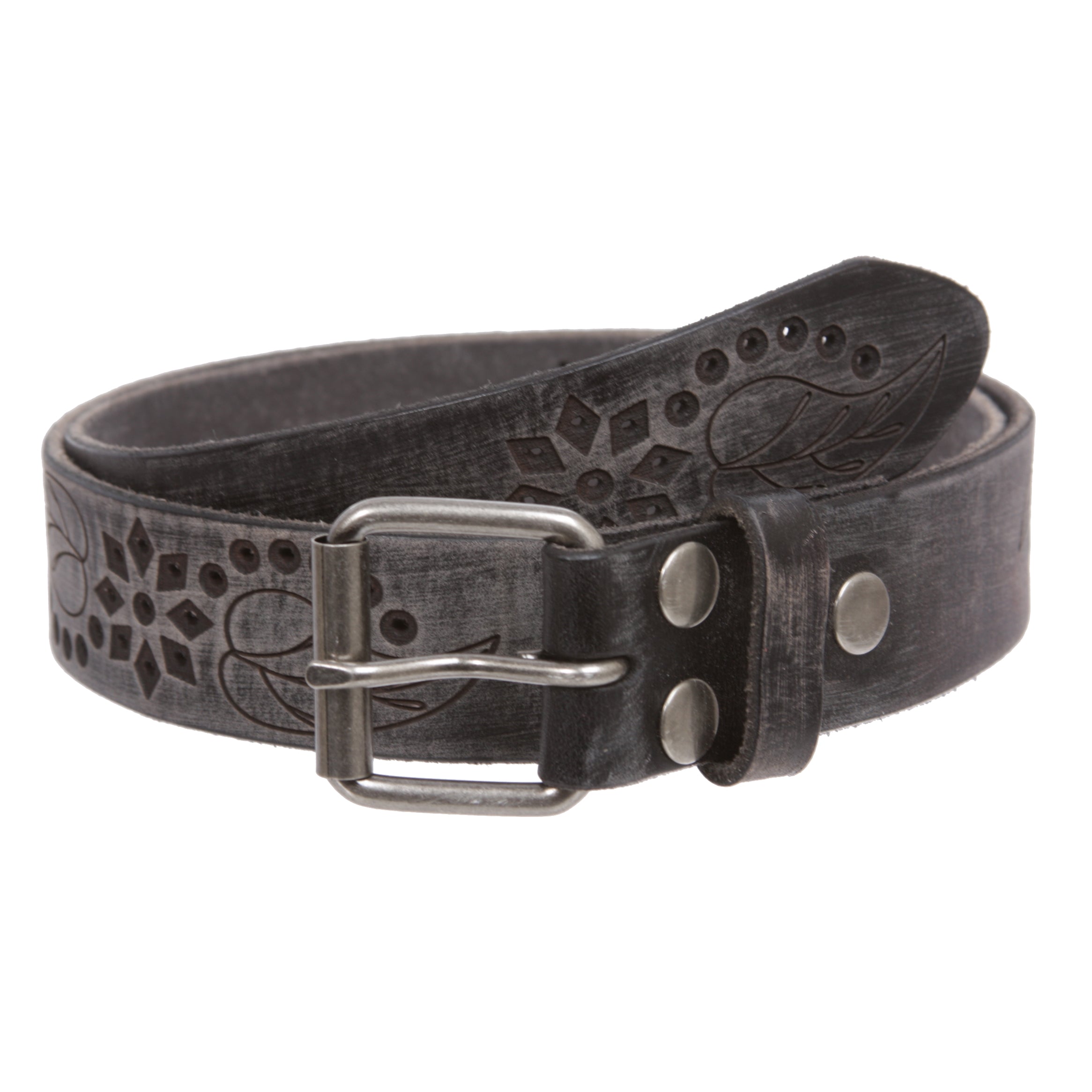 1 1/4" Snap On Embossed Floral Leaf Perforated Vintage Soft Cowhide Full Grain Thick Leather Casual Jean Belt - OnlineBelts