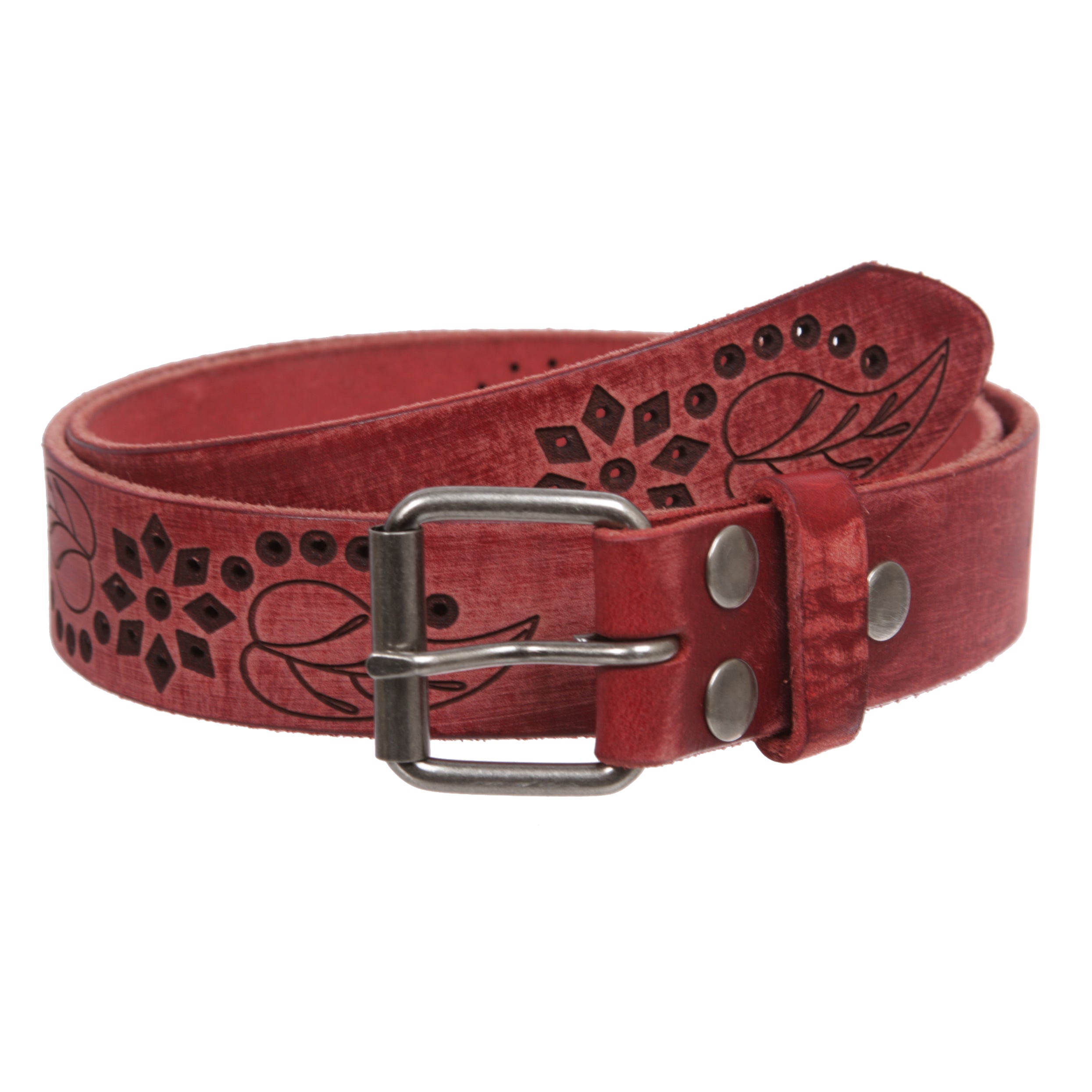 1 1/4" Snap On Embossed Floral Leaf Perforated Vintage Soft Cowhide Full Grain Thick Leather Casual Jean Belt - OnlineBelts