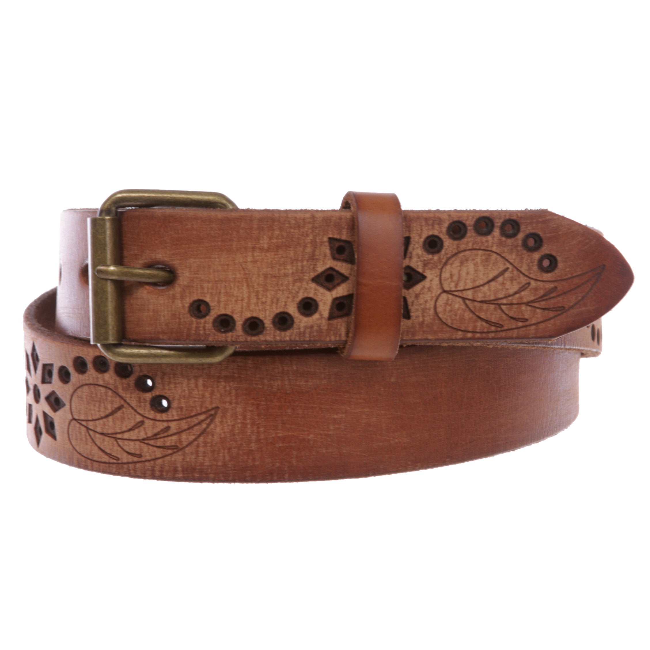 1 1/4" Snap On Embossed Floral Leaf Perforated Vintage Soft Cowhide Full Grain Thick Leather Casual Jean Belt - OnlineBelts