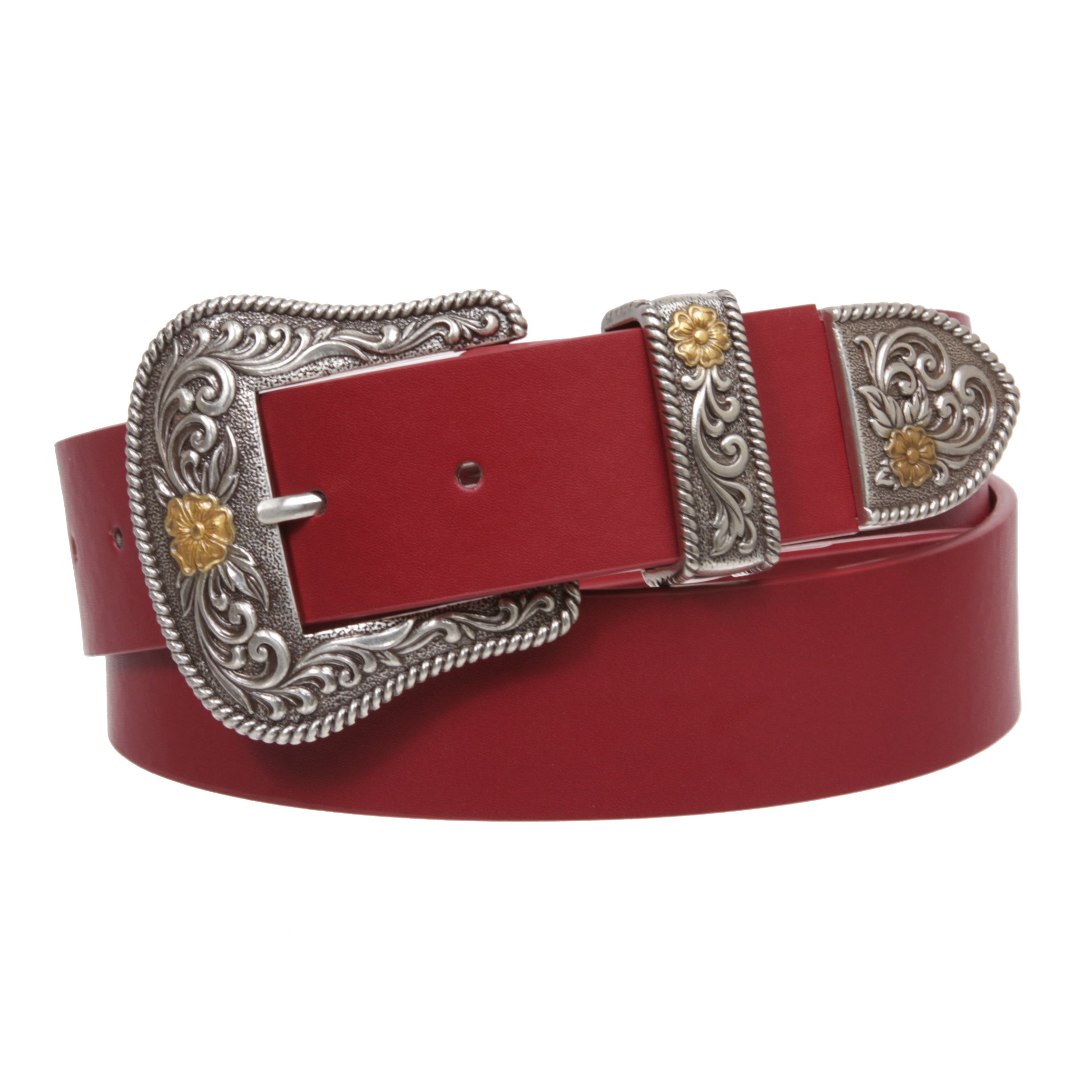 Western Floral Buckle Faux Leather Belt - 1 1/2" Wide, Two-Tone Silver & Gold Buckle Set