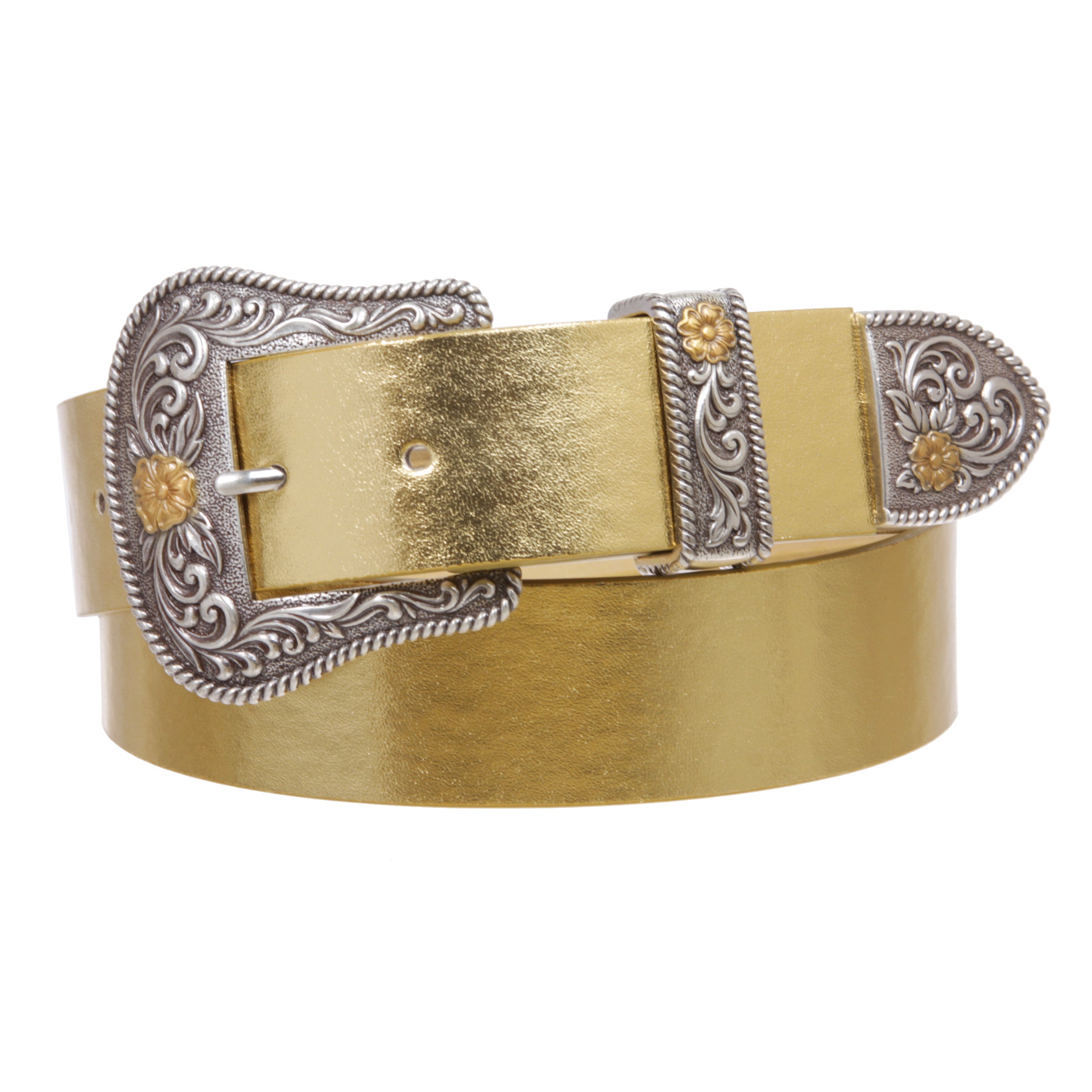 Western Floral Buckle Faux Leather Belt - 1 1/2" Wide, Two-Tone Silver & Gold Buckle Set