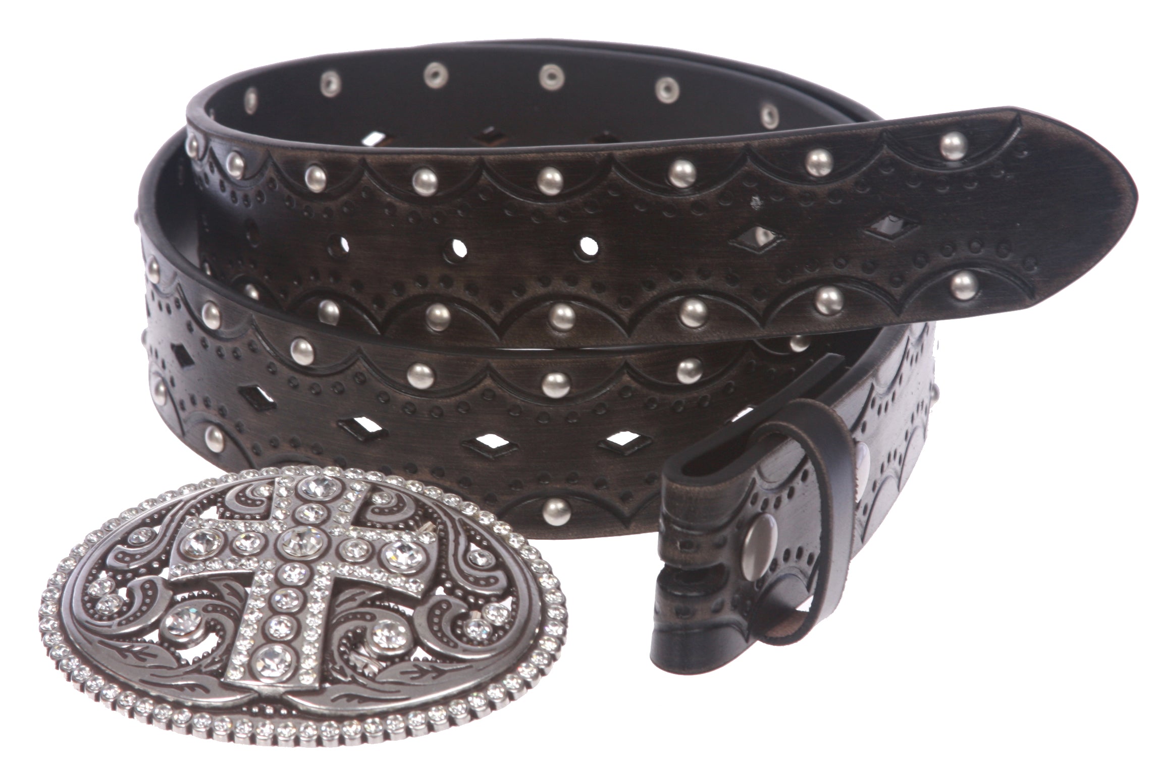 Studded Perforated Embossed Leather Belt With Rhinestone Bling Cross Buckle