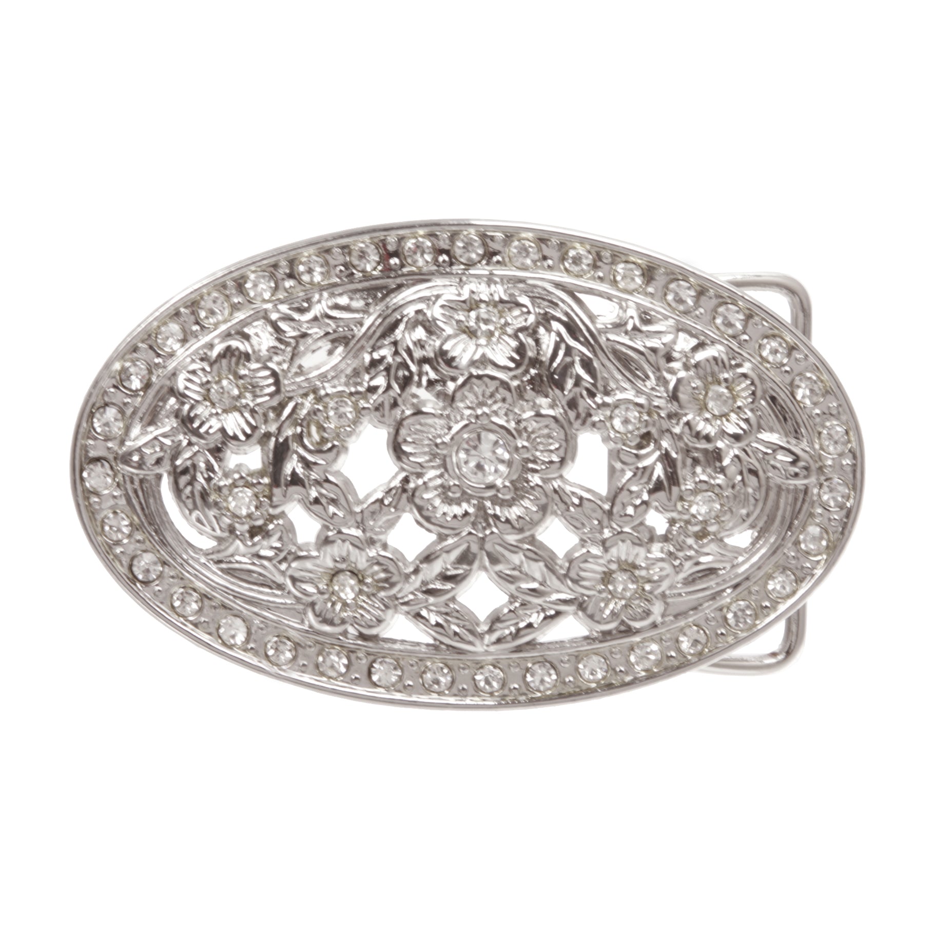 1 1/2" Antique Silver Brass Oval Perforated Engraved Crystal Rhinestone Western Floral Belt Buckle - OnlineBelts