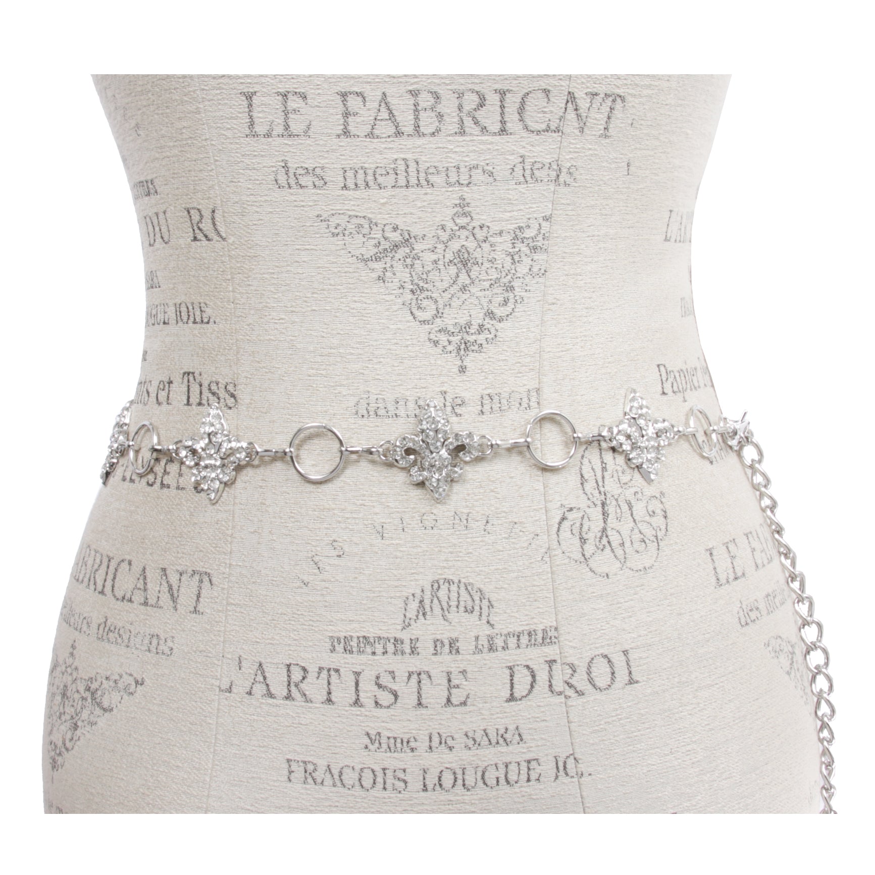 Ladies Rhinestone Fleur De Lis Metal Chain Belt - OnlineBelts