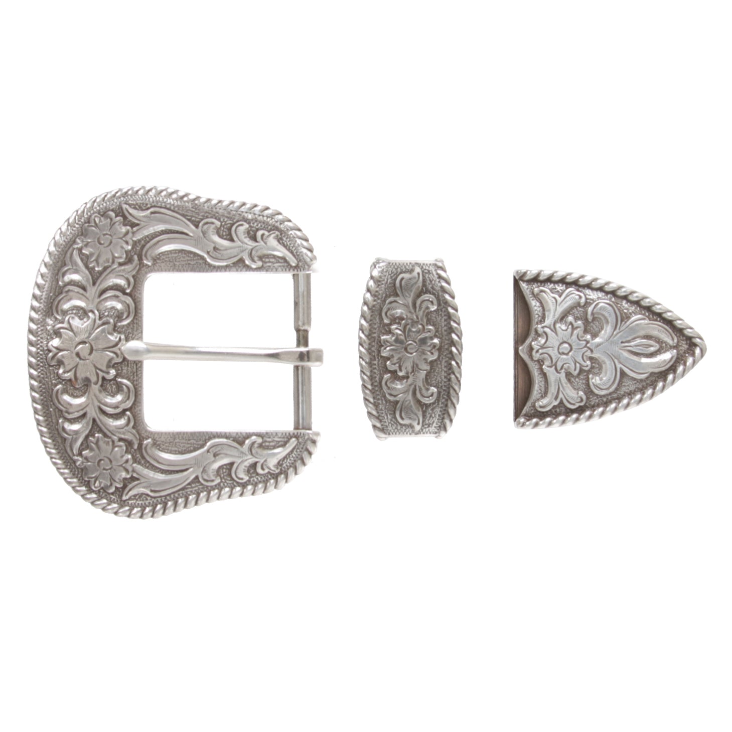 1 1/2"-3.8cm Western 3-Piece Silver Floral Engraved Belt Buckle Set
