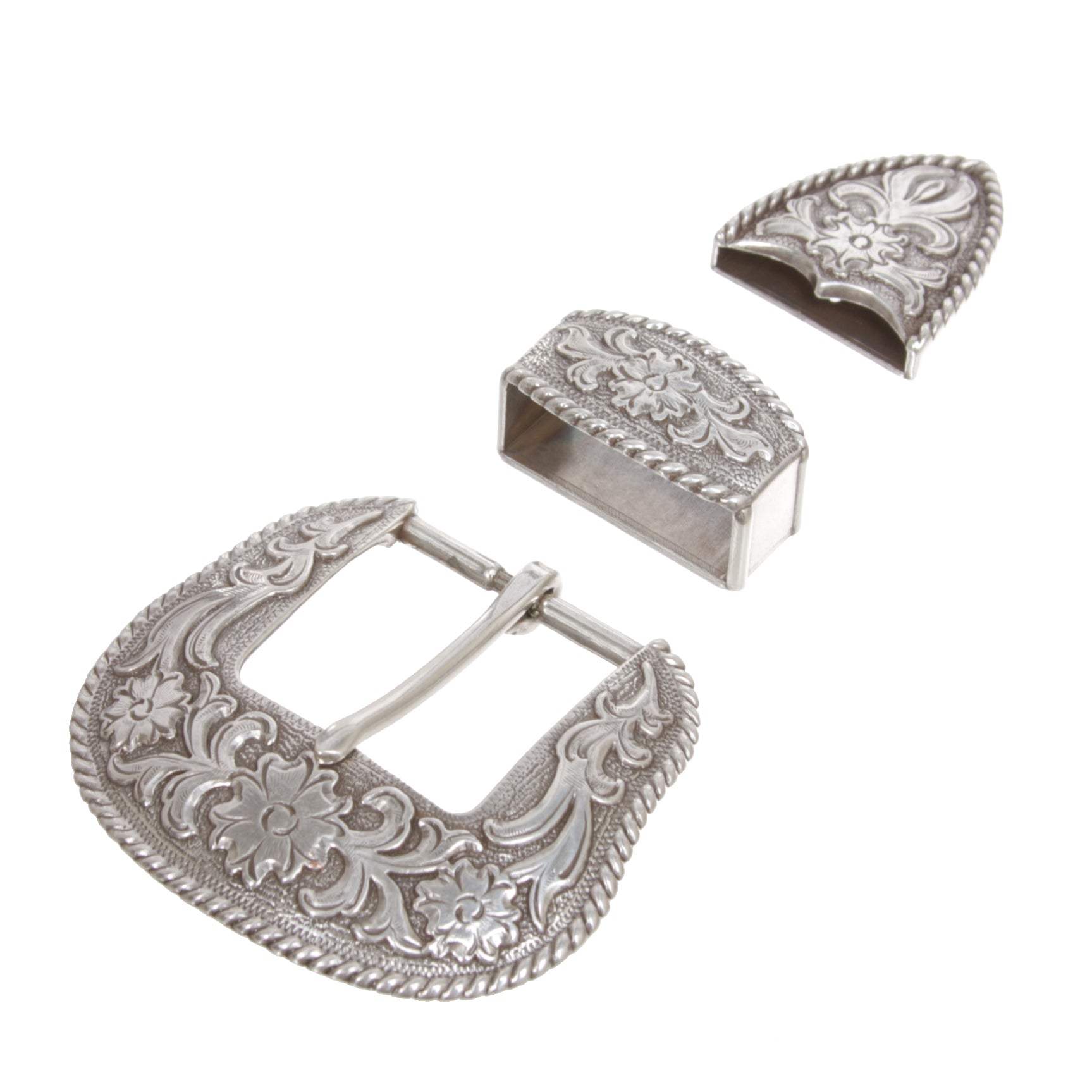 1 1/2"-3.8cm Western 3-Piece Silver Floral Engraved Belt Buckle Set