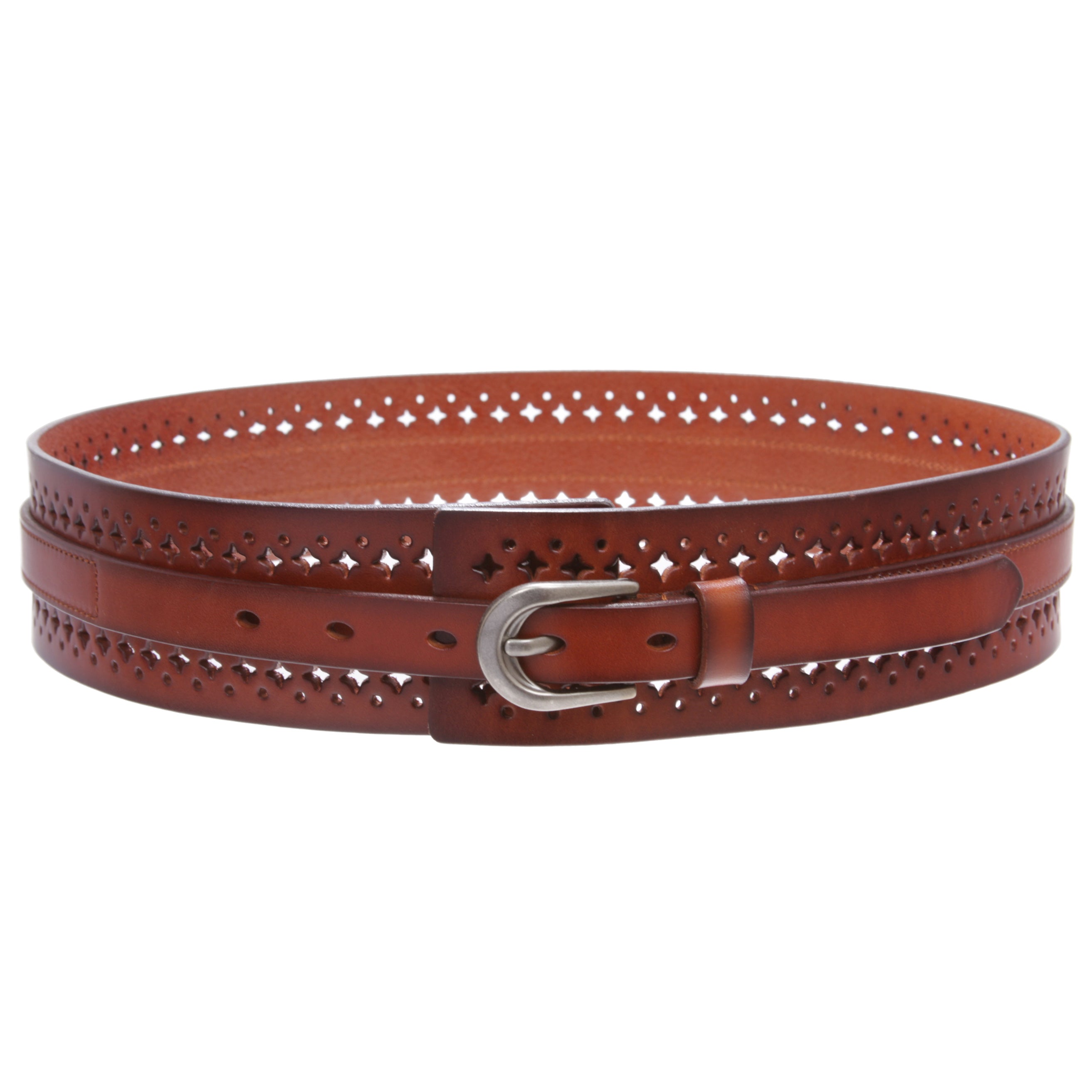 Women‘s Vintage Cowhide Leather Cutout Waist Belt with Skinny 3/4" Strap - 2 1/4" Wide