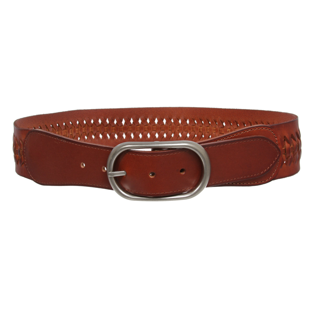 2" Wide High Waist Braided Woven Full Grain Tapered Oval Leather Belt