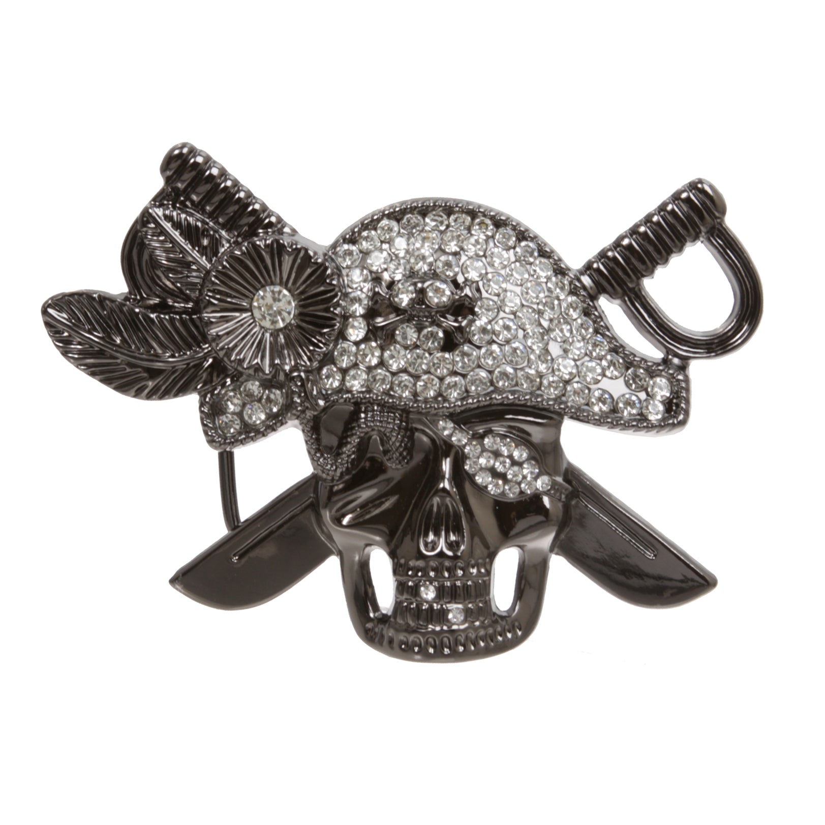 Gunmetal Pirate Skull Rhinestone Belt Buckle, 4.75"x3.25" - OnlineBelts