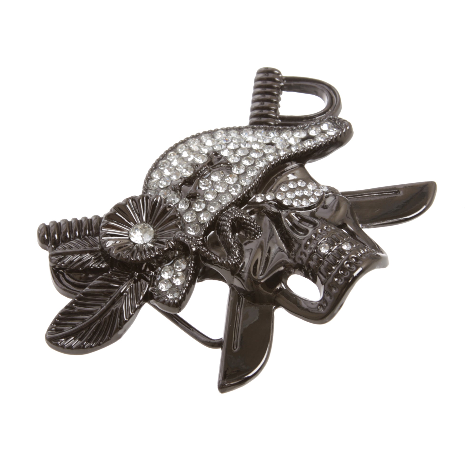 Gunmetal Pirate Skull Rhinestone Belt Buckle, 4.75"x3.25" - OnlineBelts