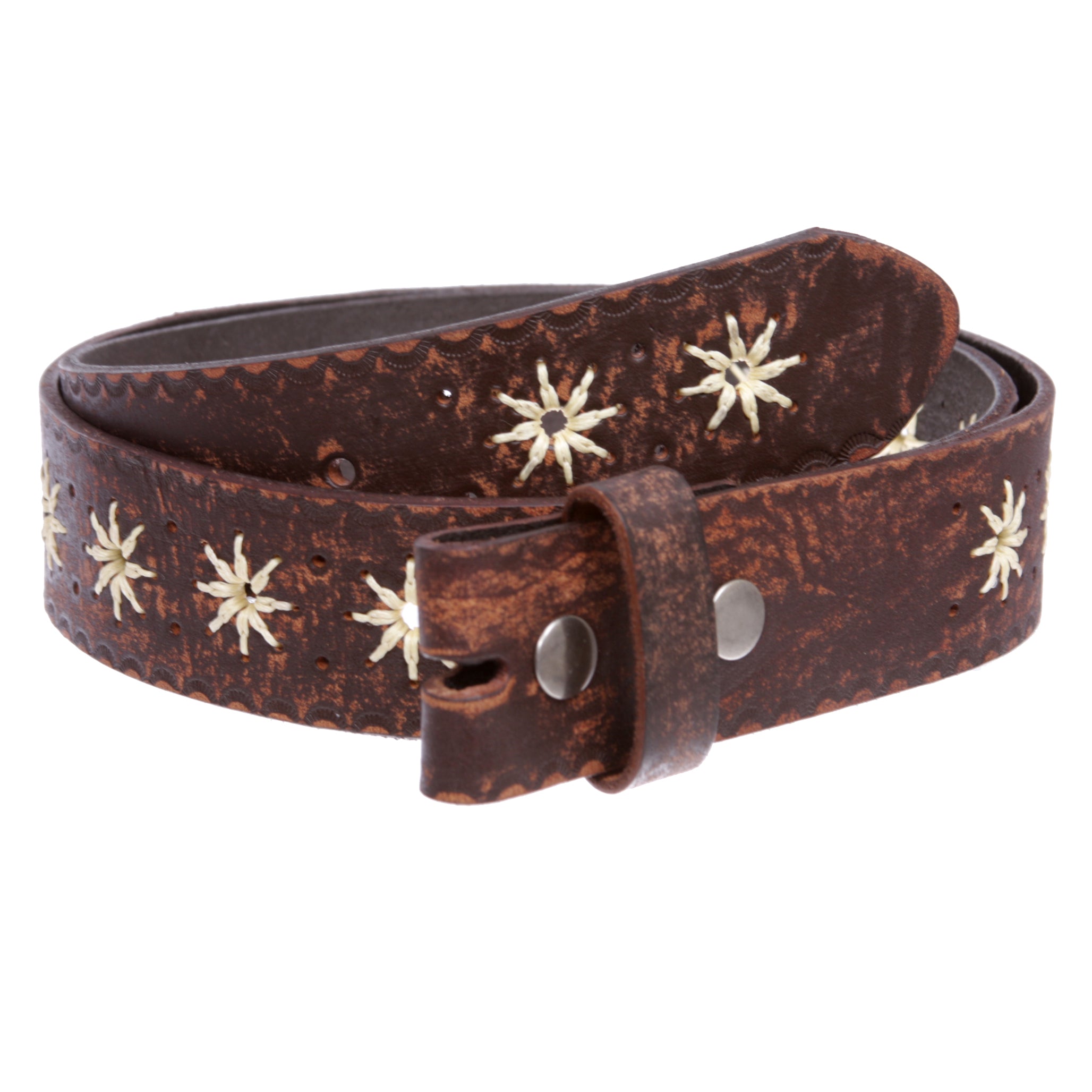 Women's 1.5" Sunflower Embossed Vintage Leather Belt Strap -100% Cowhide