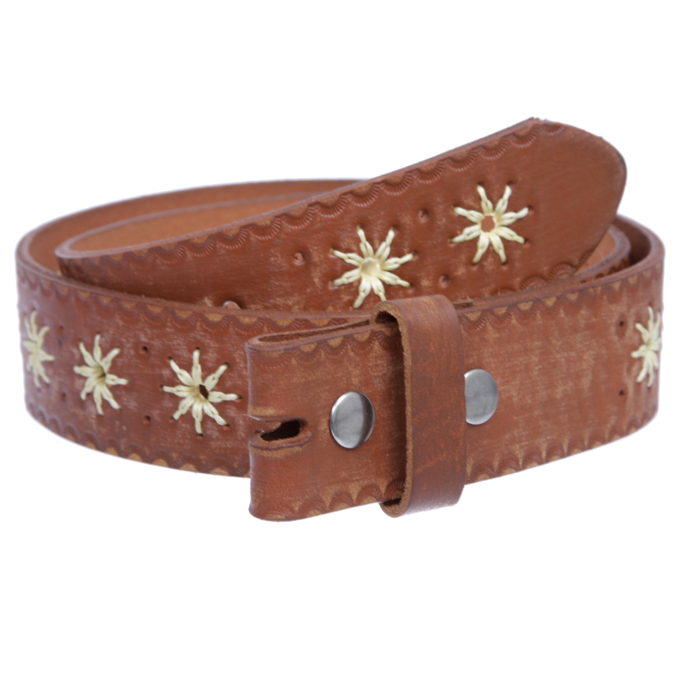 Women's 1.5" Sunflower Embossed Vintage Leather Belt Strap -100% Cowhide
