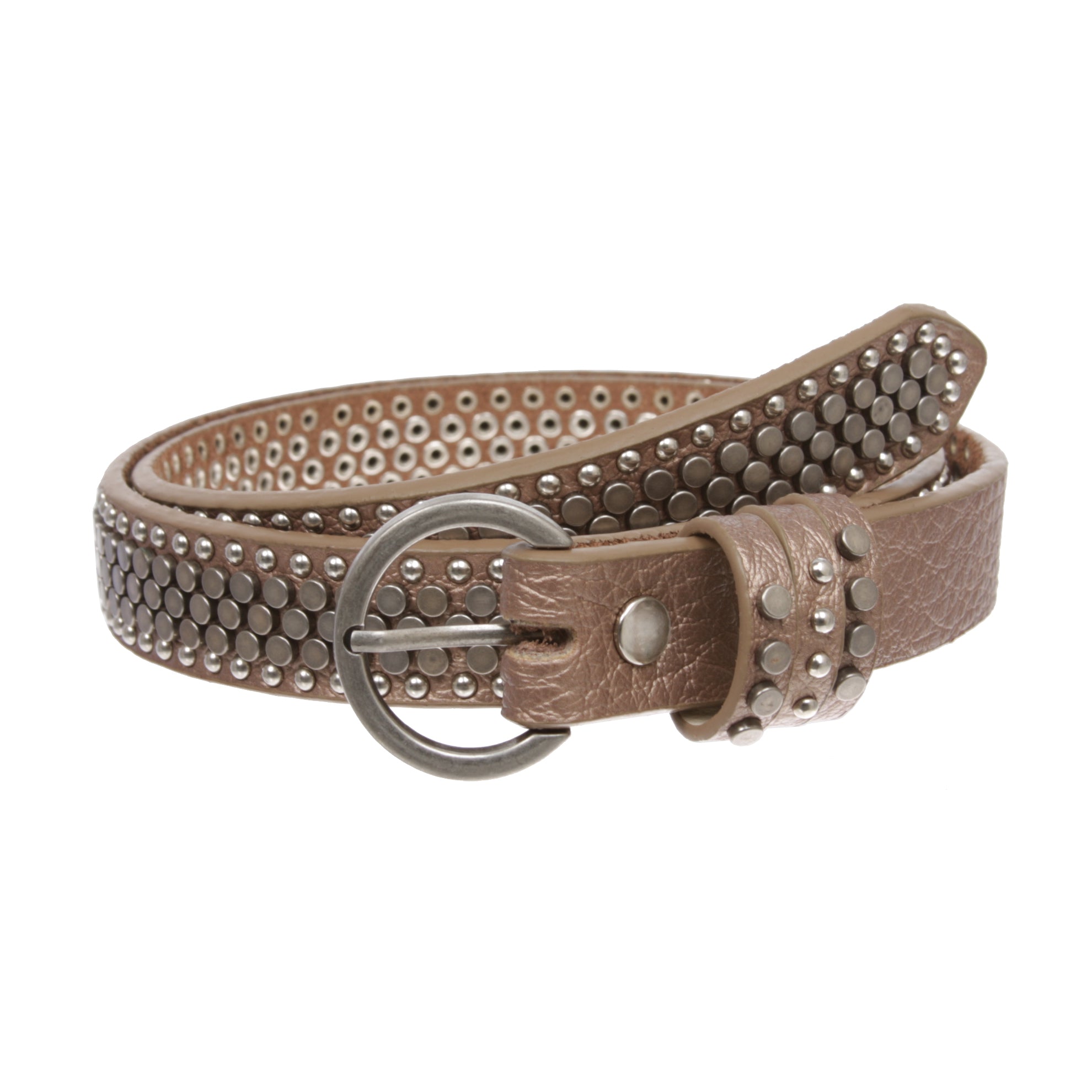 Women's Riveted Nail Heads Round Circle Studded Skinny Leather Jean Belt - OnlineBelts