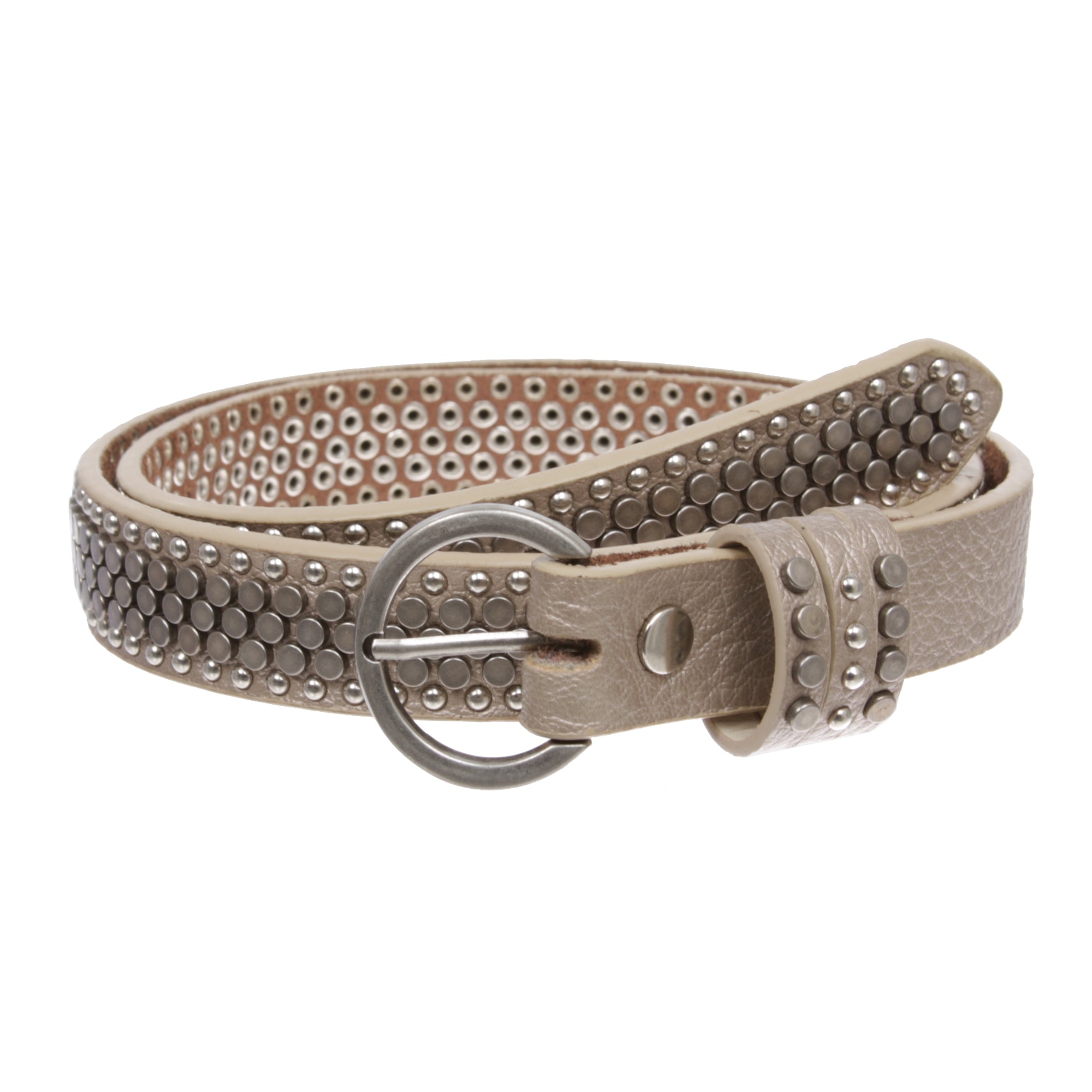 Women's Riveted Nail Heads Round Circle Studded Skinny Leather Jean Belt - OnlineBelts