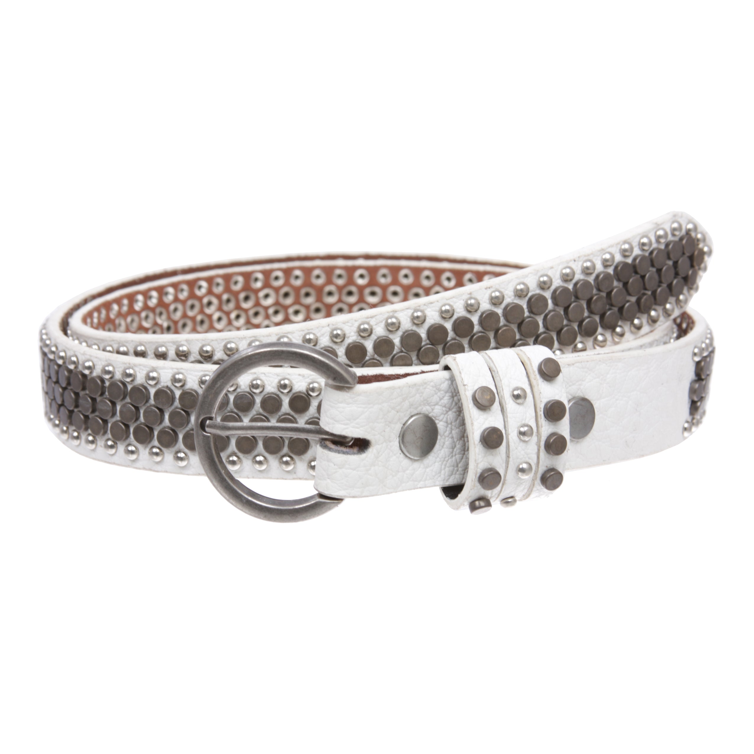 Women's Riveted Nail Heads Round Circle Studded Skinny Leather Jean Belt - OnlineBelts