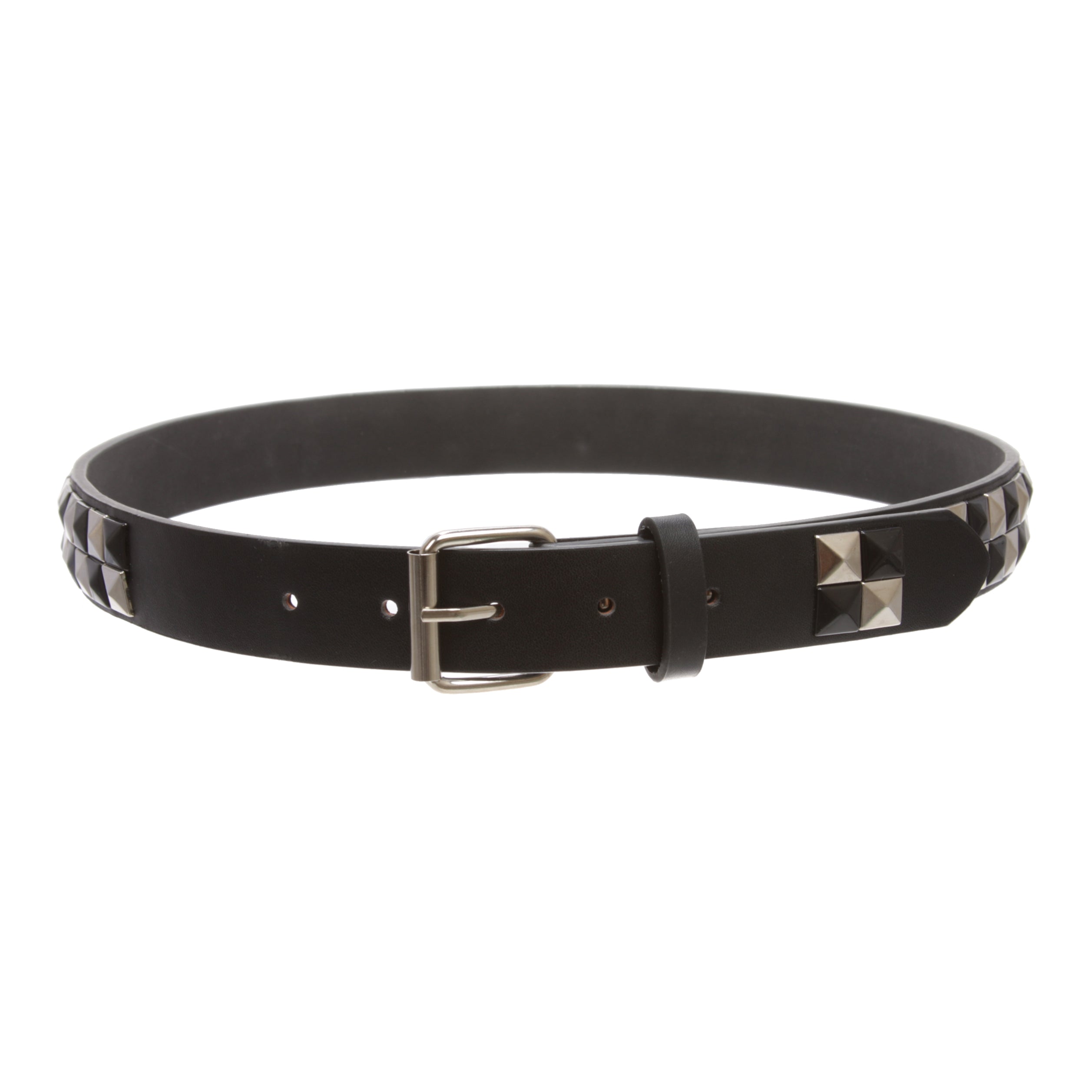 Kids 1" Snap On Punk Rock Black & Silver Star Studded Checkerboard Leather Belt