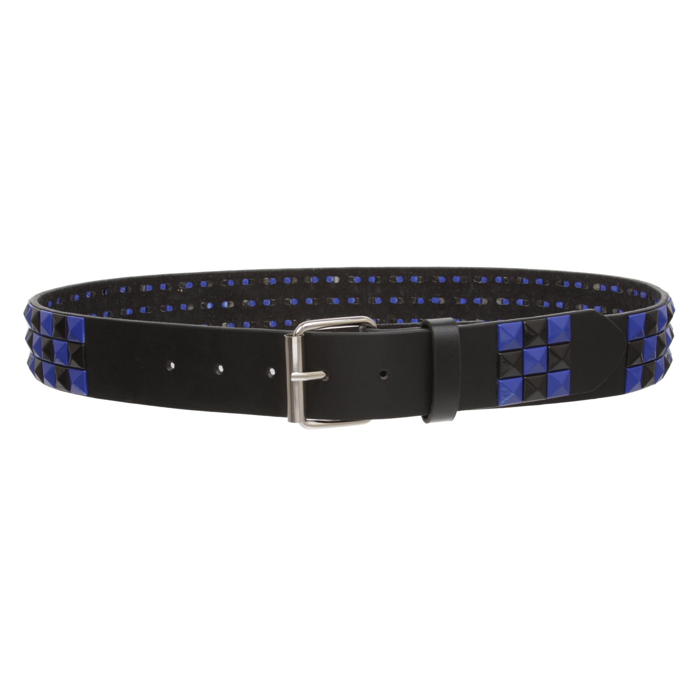 Snap On Punk Rock Black & Blue Star Studded Checker Board Leather Belt