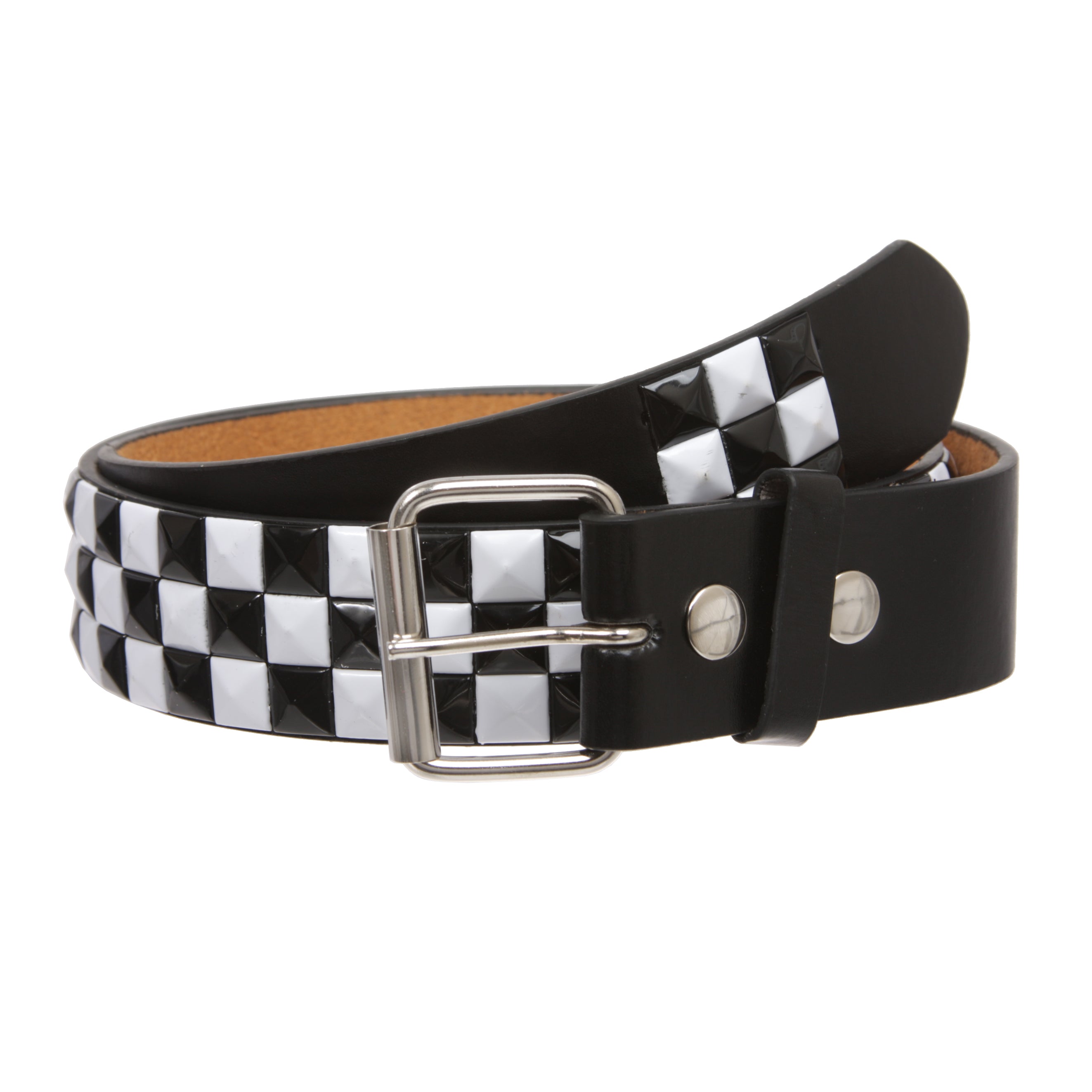 Snap On Punk Rock Star Pyramid Studded Checker Board Leather Belt - OnlineBelts