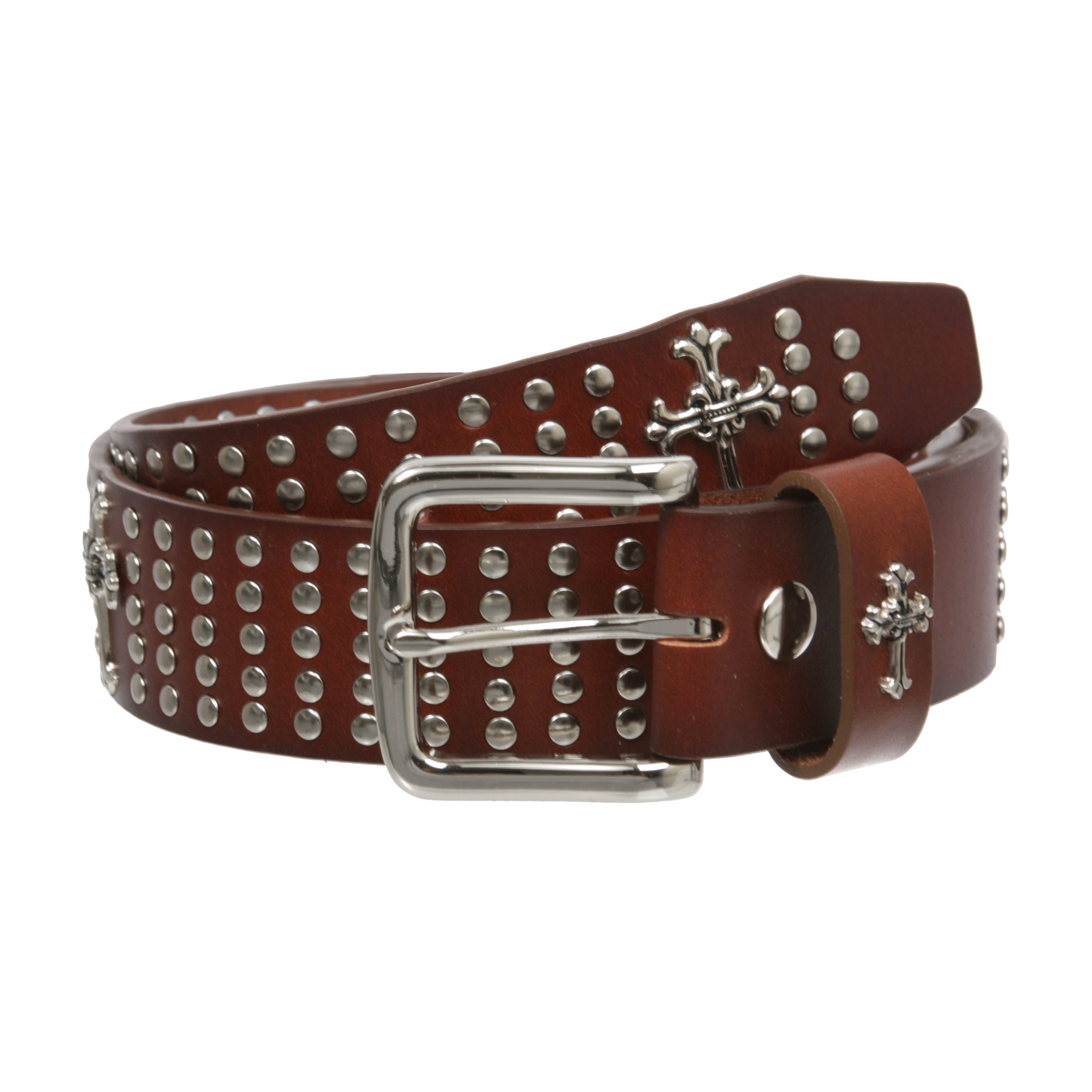 1 1/2" Snap On Riveted Christian Religious Cross and Circle Studded Leather Belt - OnlineBelts