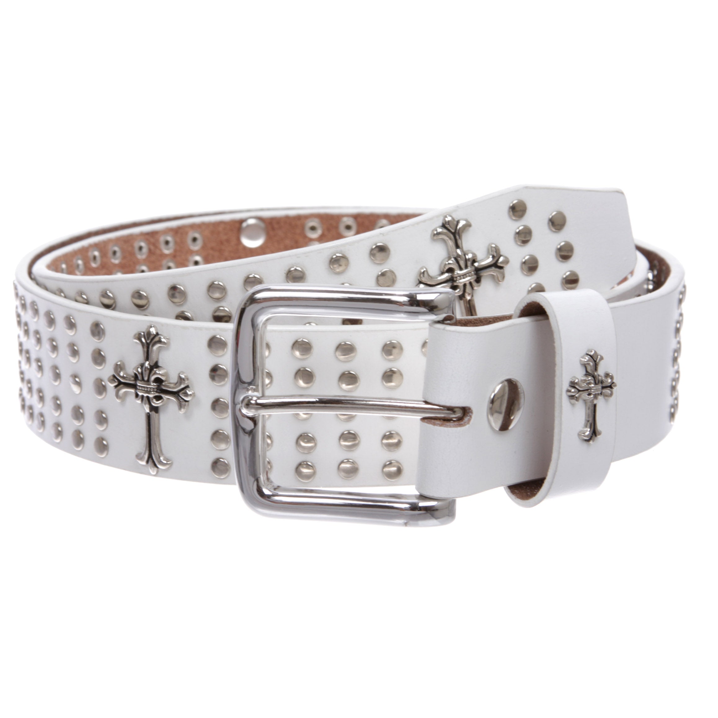 1 1/2" Snap On Riveted Christian Religious Cross and Circle Studded Leather Belt - OnlineBelts