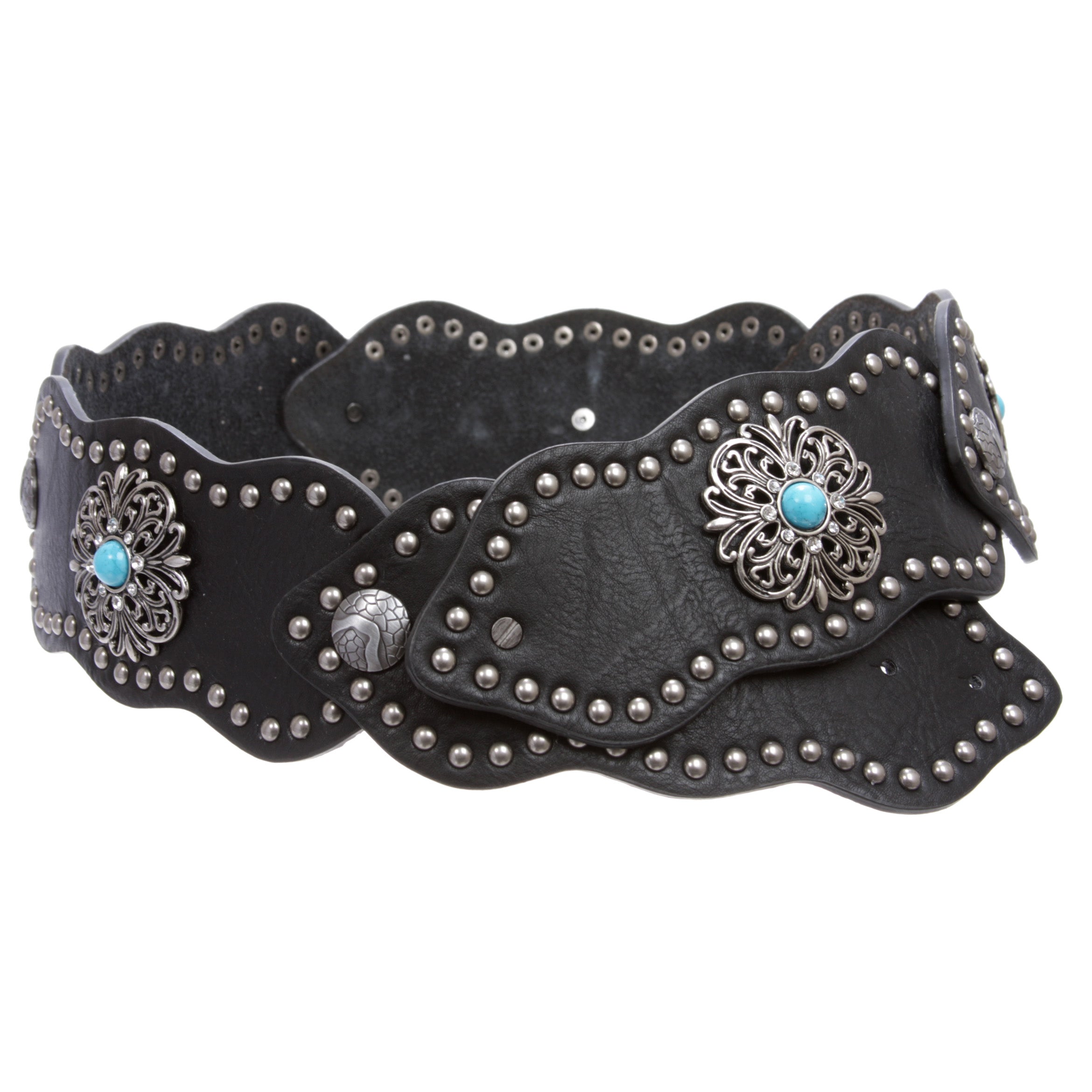 Women's 3" (75mm) Wide Boho Link Turquoise Silver Studded Leather Belt - OnlineBelts