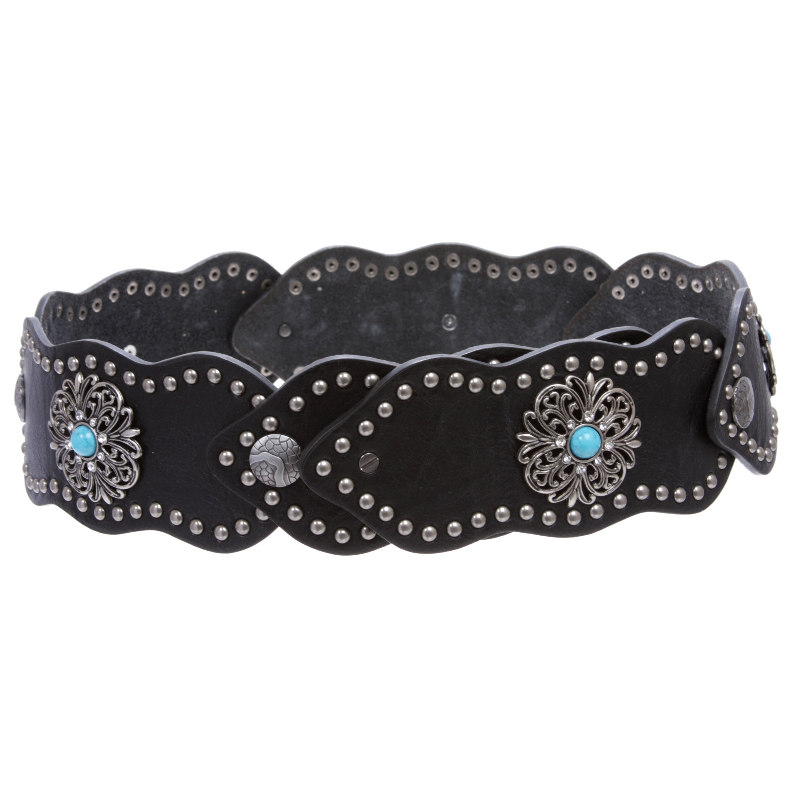Women's 3" (75mm) Wide Boho Link Turquoise Silver Studded Leather Belt - OnlineBelts