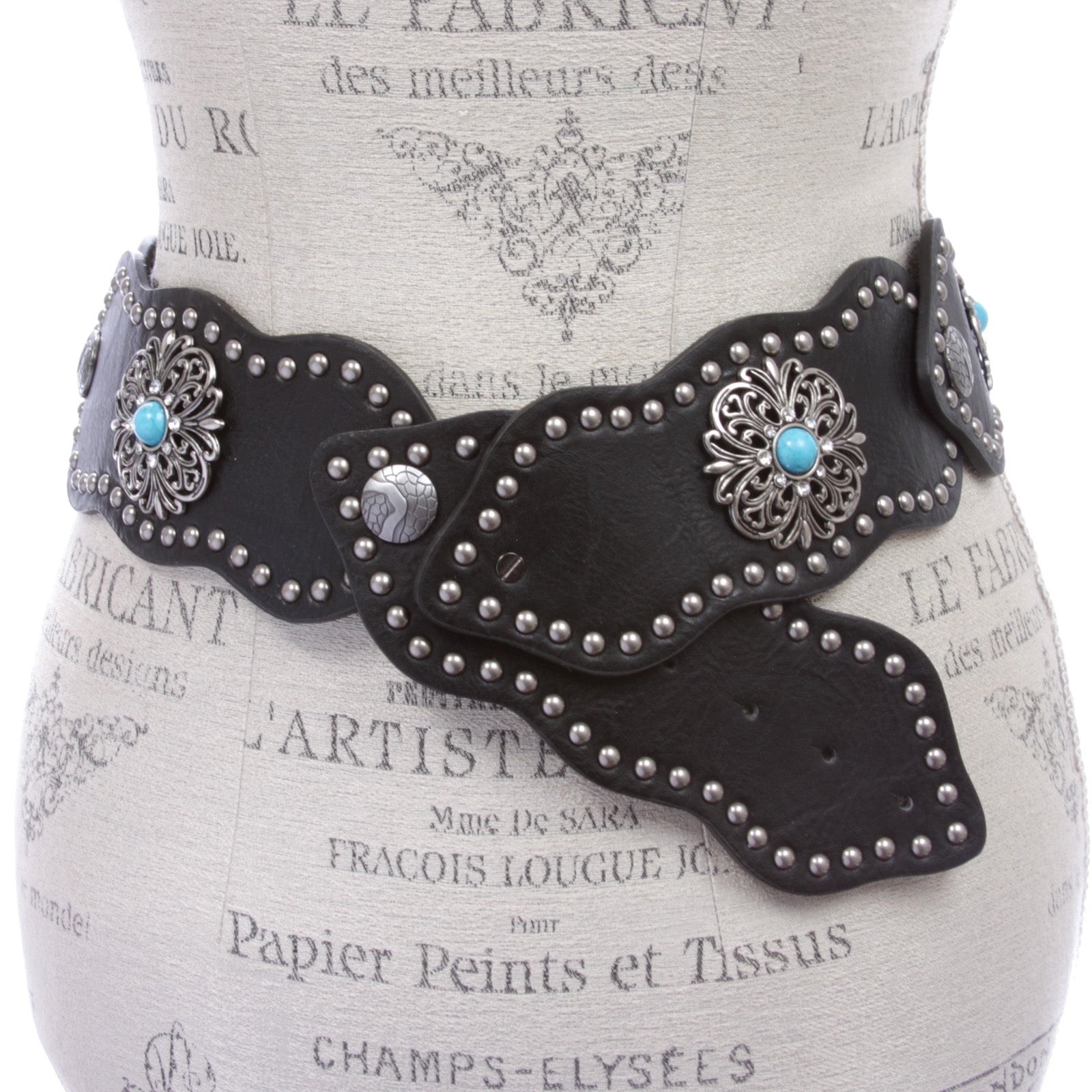 Women's 3" (75mm) Wide Boho Link Turquoise Silver Studded Leather Belt - OnlineBelts