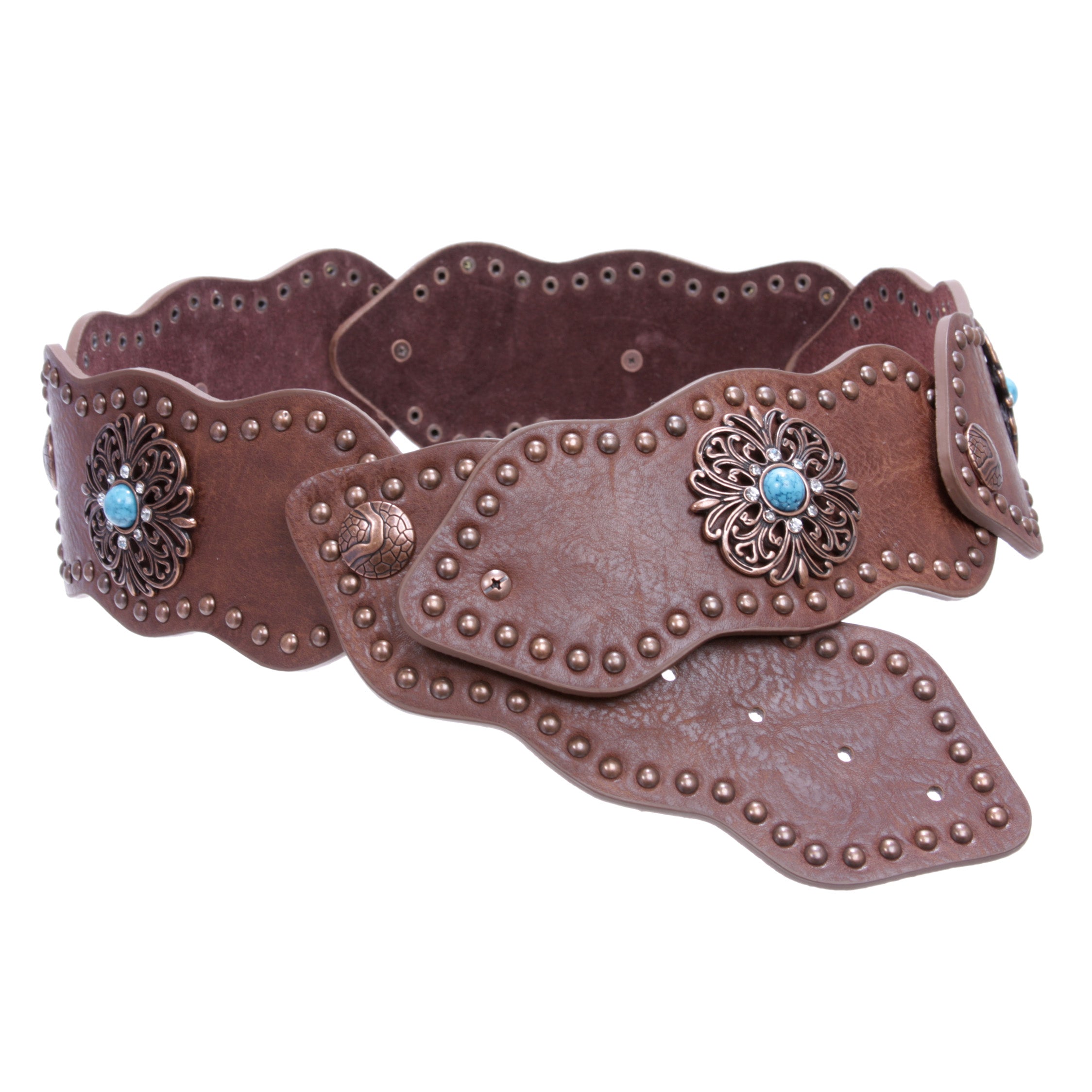 Women's 3" (75mm) Wide Boho Link Turquoise Silver Studded Leather Belt - OnlineBelts