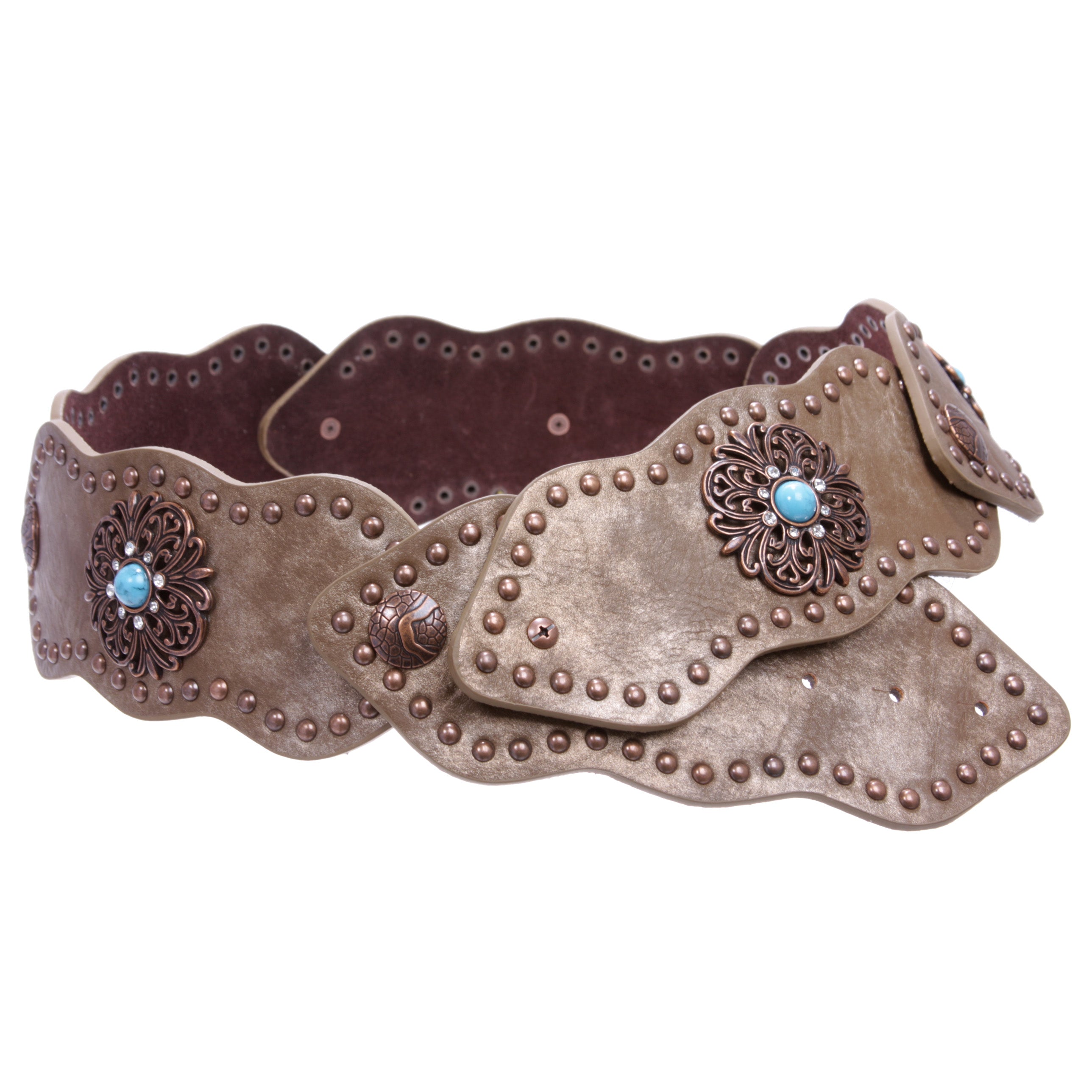 Women's 3" (75mm) Wide Boho Link Turquoise Silver Studded Leather Belt - OnlineBelts