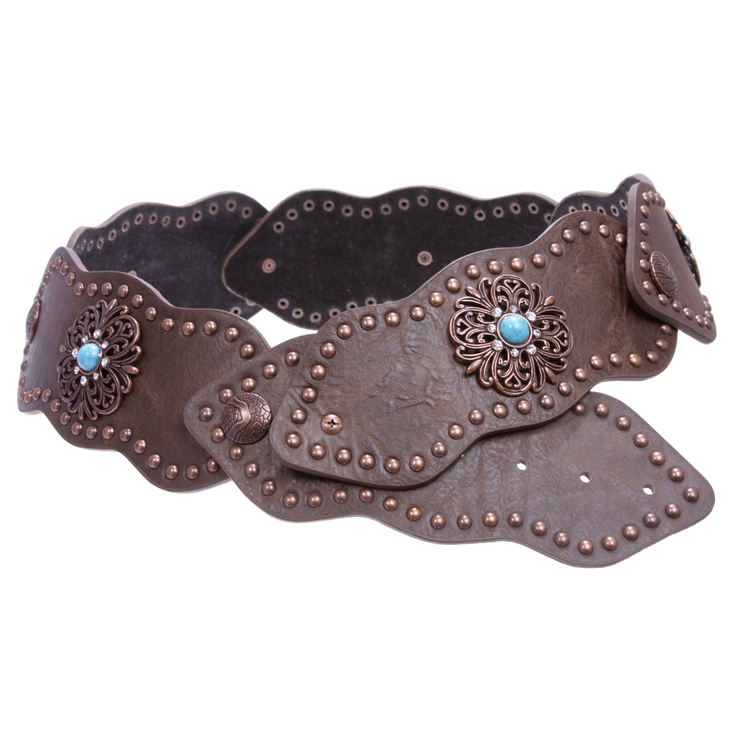 Women's 3" (75mm) Wide Boho Link Turquoise Silver Studded Leather Belt - OnlineBelts