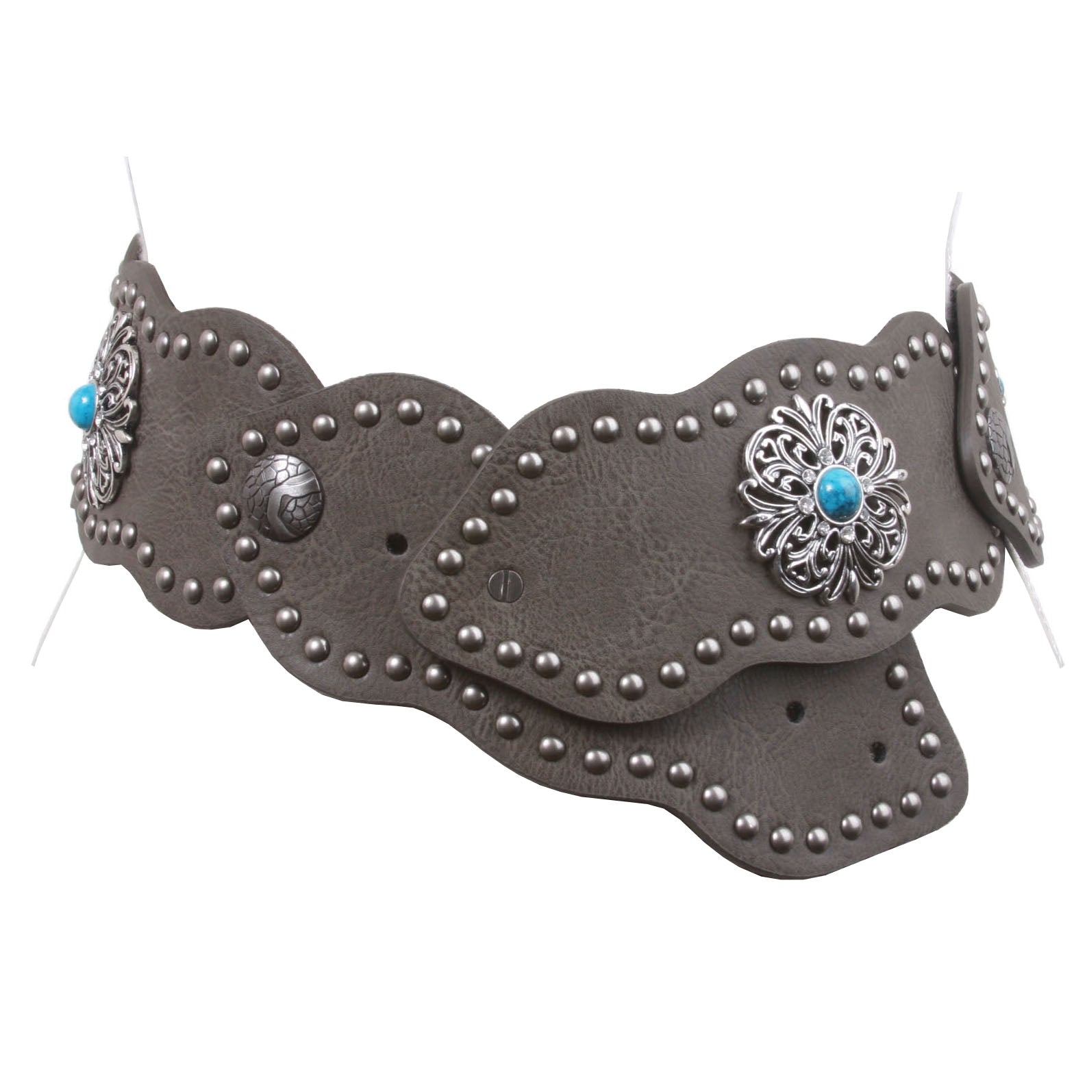 Women's 3" (75mm) Wide Boho Link Turquoise Silver Studded Leather Belt - OnlineBelts