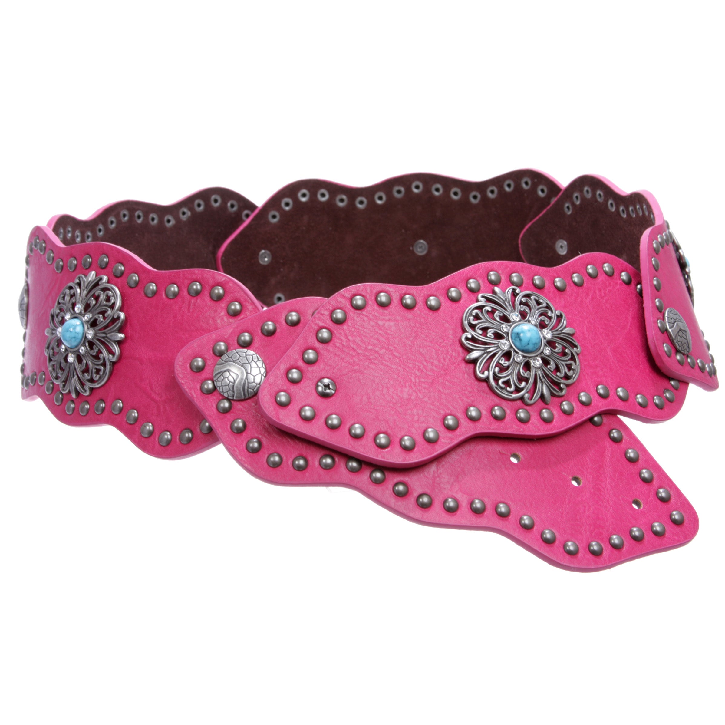 Women's 3" (75mm) Wide Boho Link Turquoise Silver Studded Leather Belt - OnlineBelts