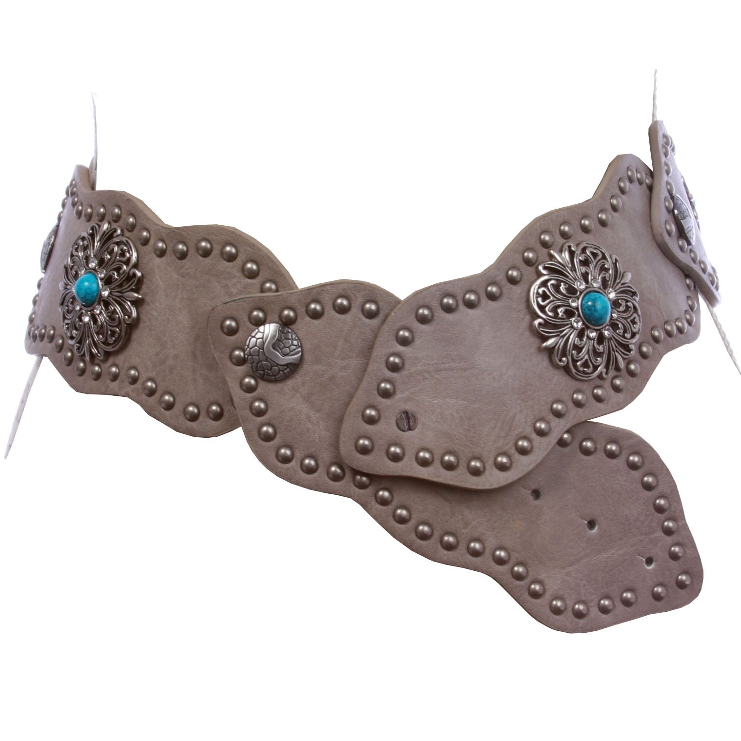 Women's 3" (75mm) Wide Boho Link Turquoise Silver Studded Leather Belt - OnlineBelts