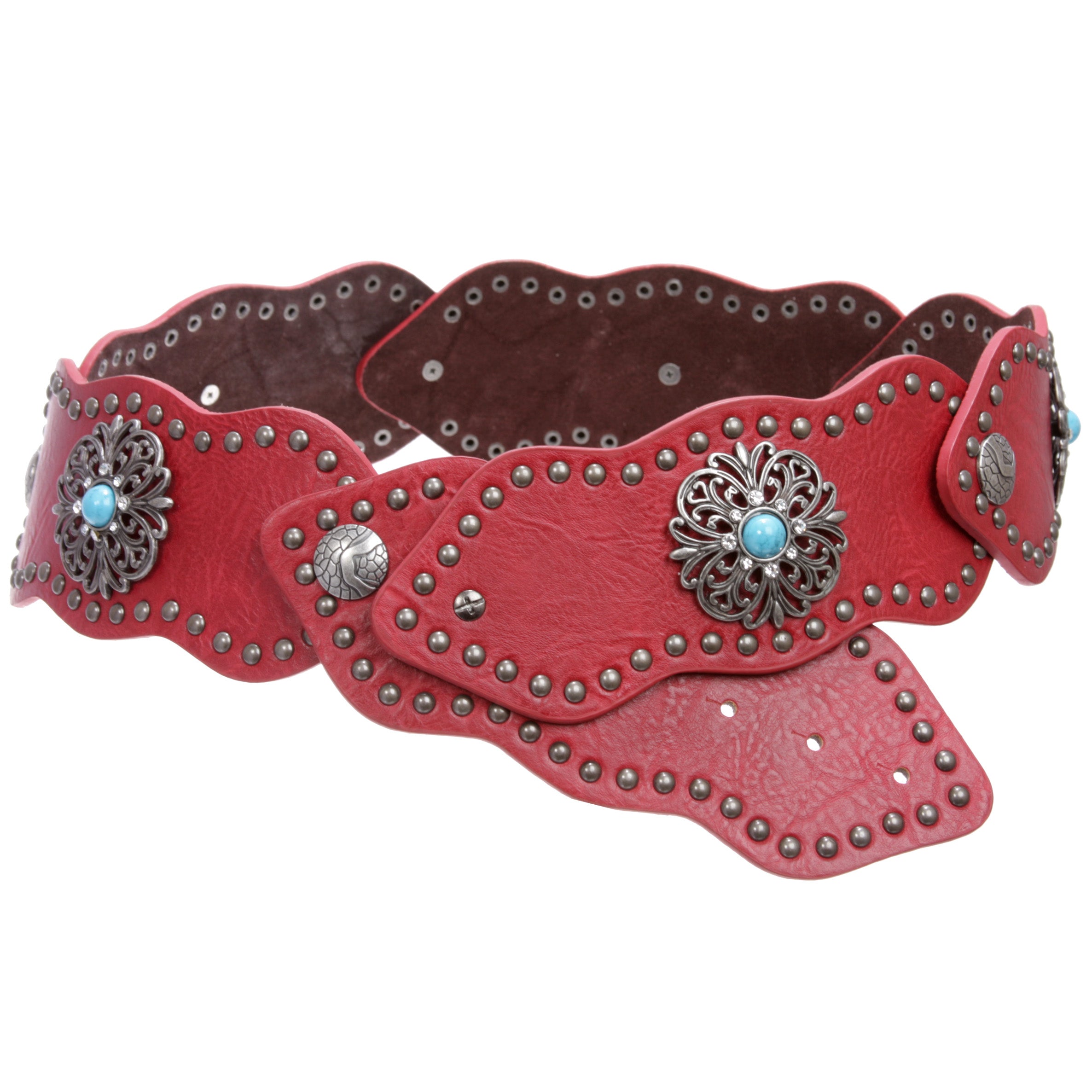 Women's 3" (75mm) Wide Boho Link Turquoise Silver Studded Leather Belt - OnlineBelts