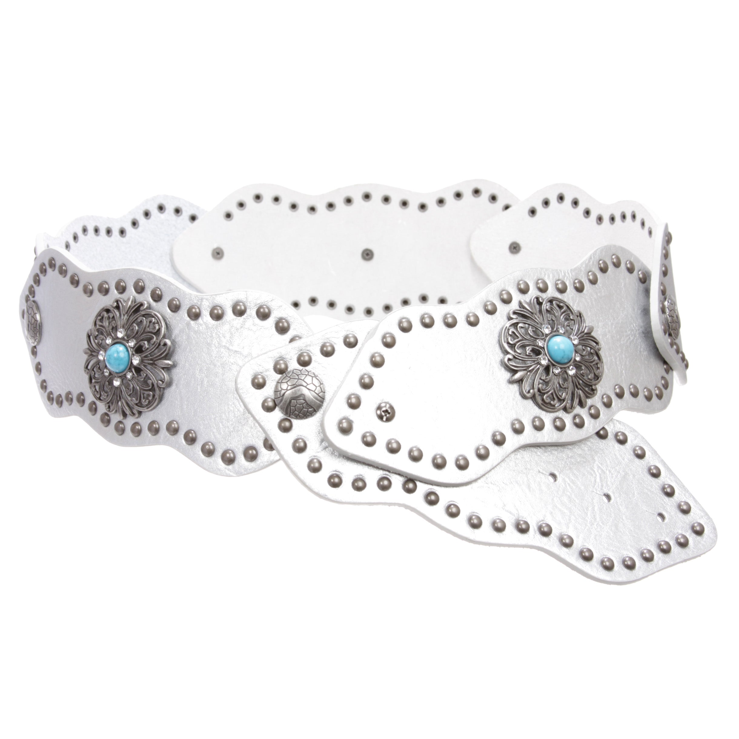 Women's 3" (75mm) Wide Boho Link Turquoise Silver Studded Leather Belt - OnlineBelts