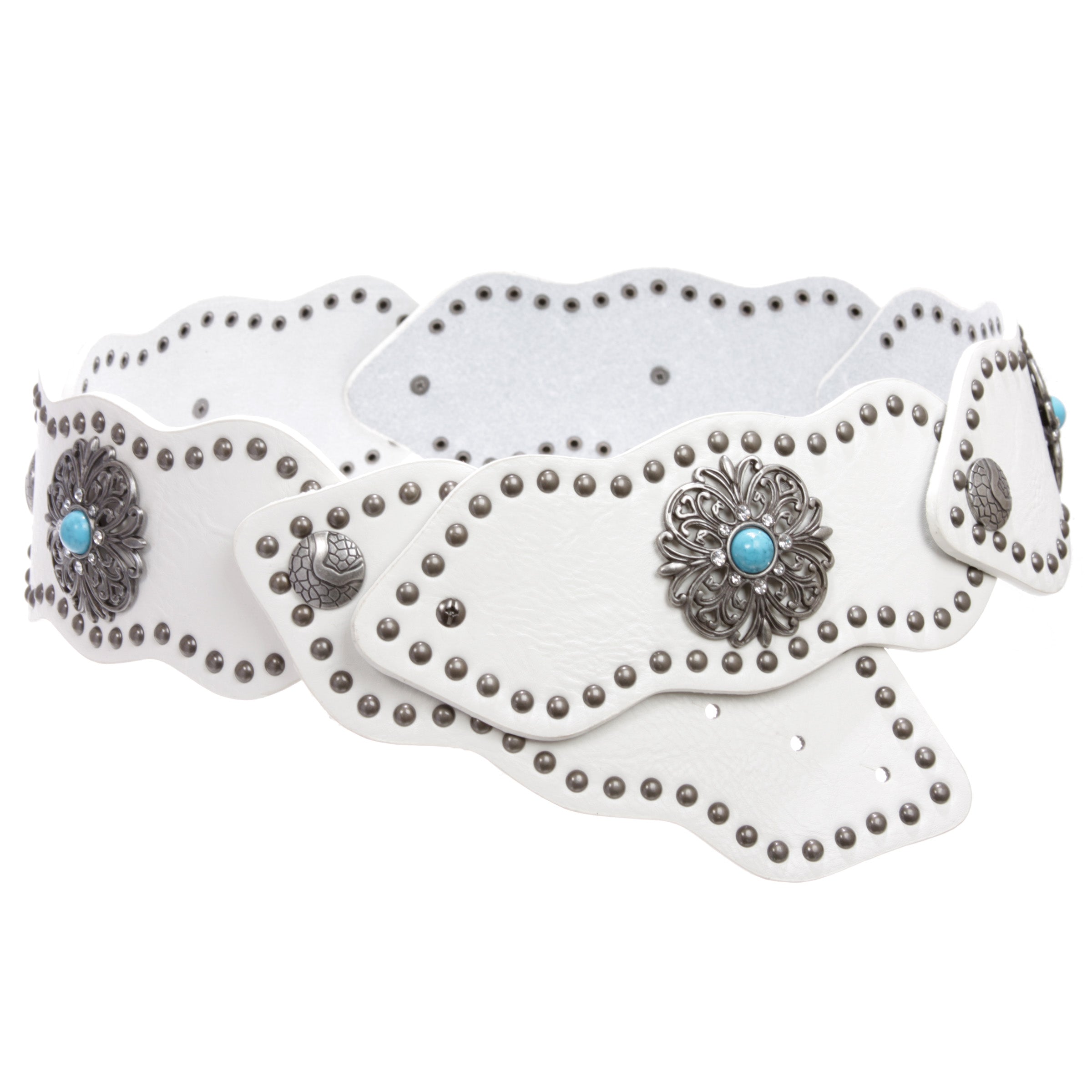 Women's 3" (75mm) Wide Boho Link Turquoise Silver Studded Leather Belt - OnlineBelts