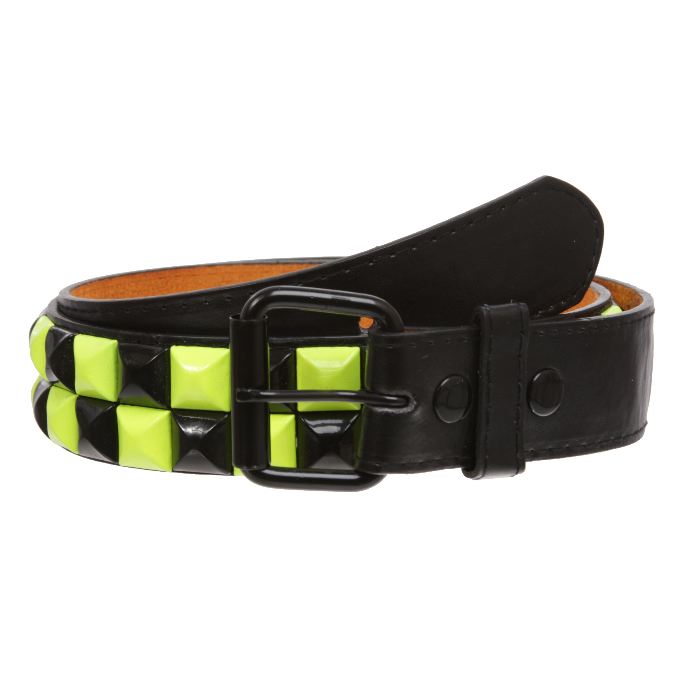 Snap On Double Row Punk Rock Star Pyramid Studded Checker Board Leather Belt - OnlineBelts
