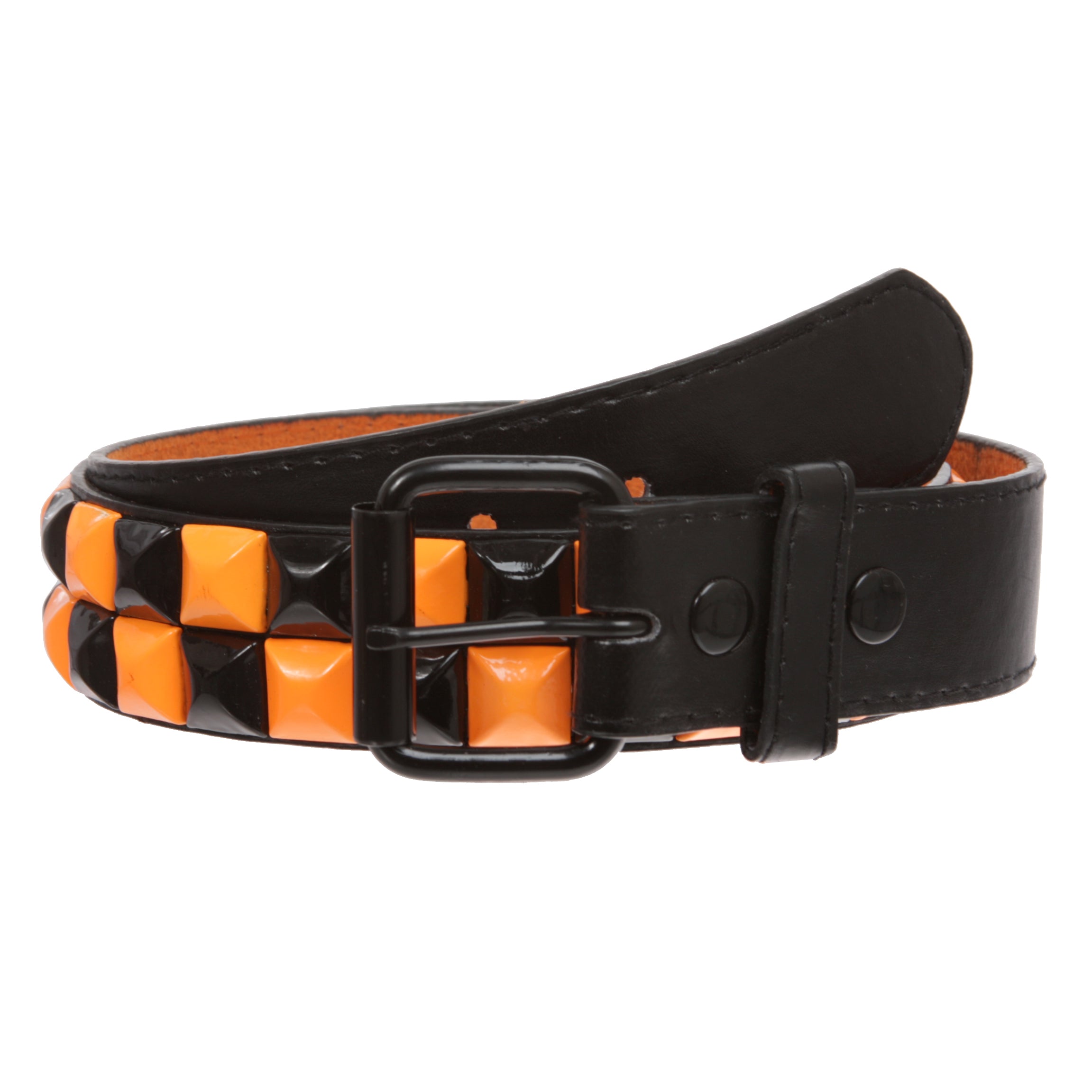 Snap On Double Row Punk Rock Star Pyramid Studded Checker Board Leather Belt - OnlineBelts