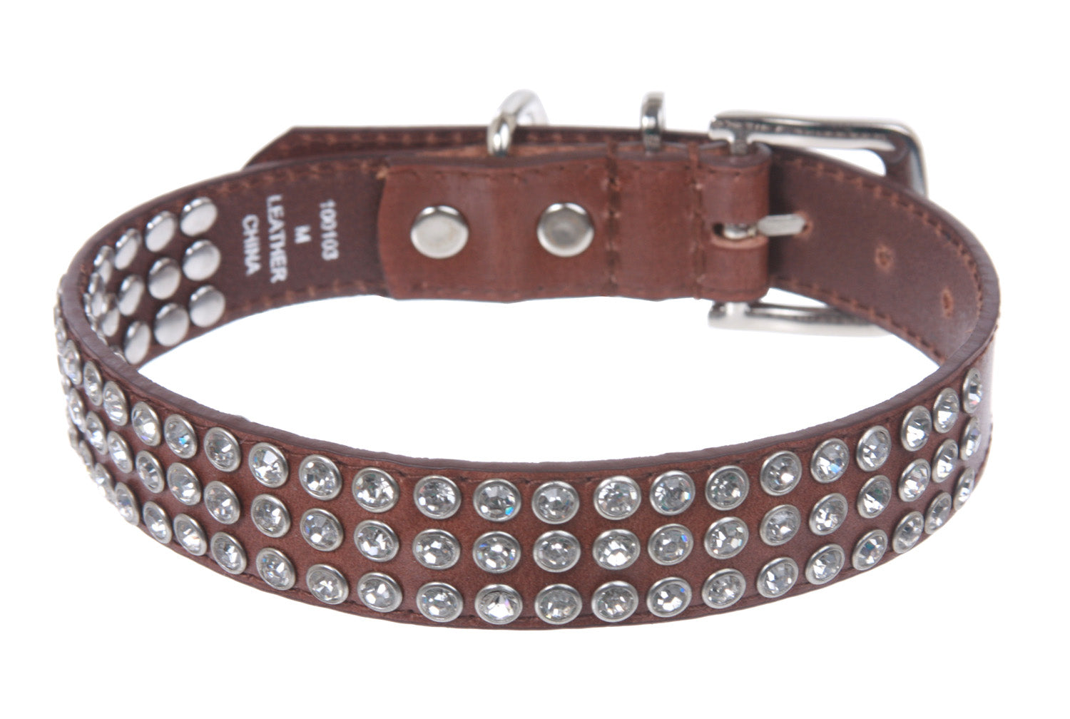 7/8" (22 mm) Leather Dog Collar with clear rhinestones - OnlineBelts