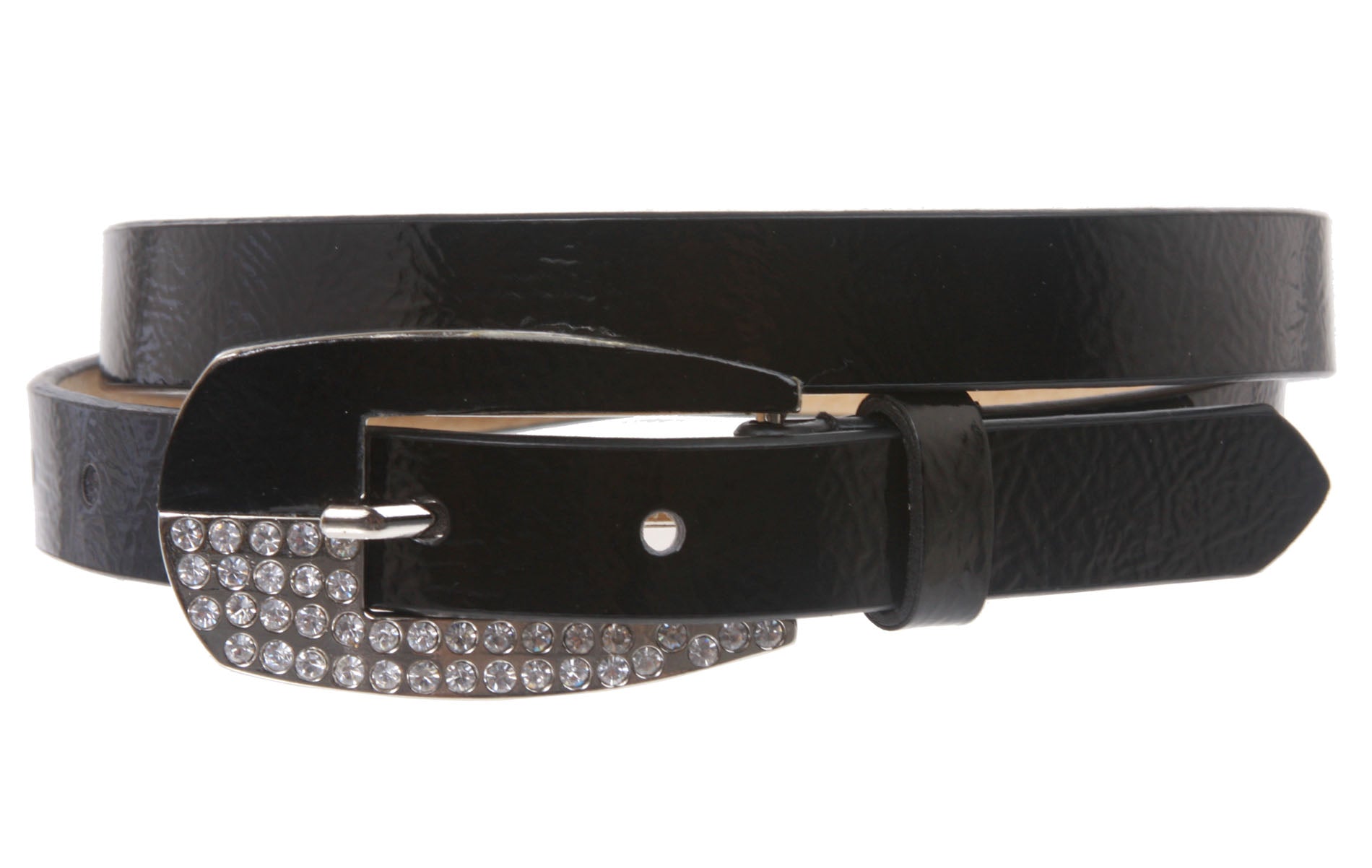 Woman's Rhinestone Patent Leather Skinny Belt - OnlineBelts