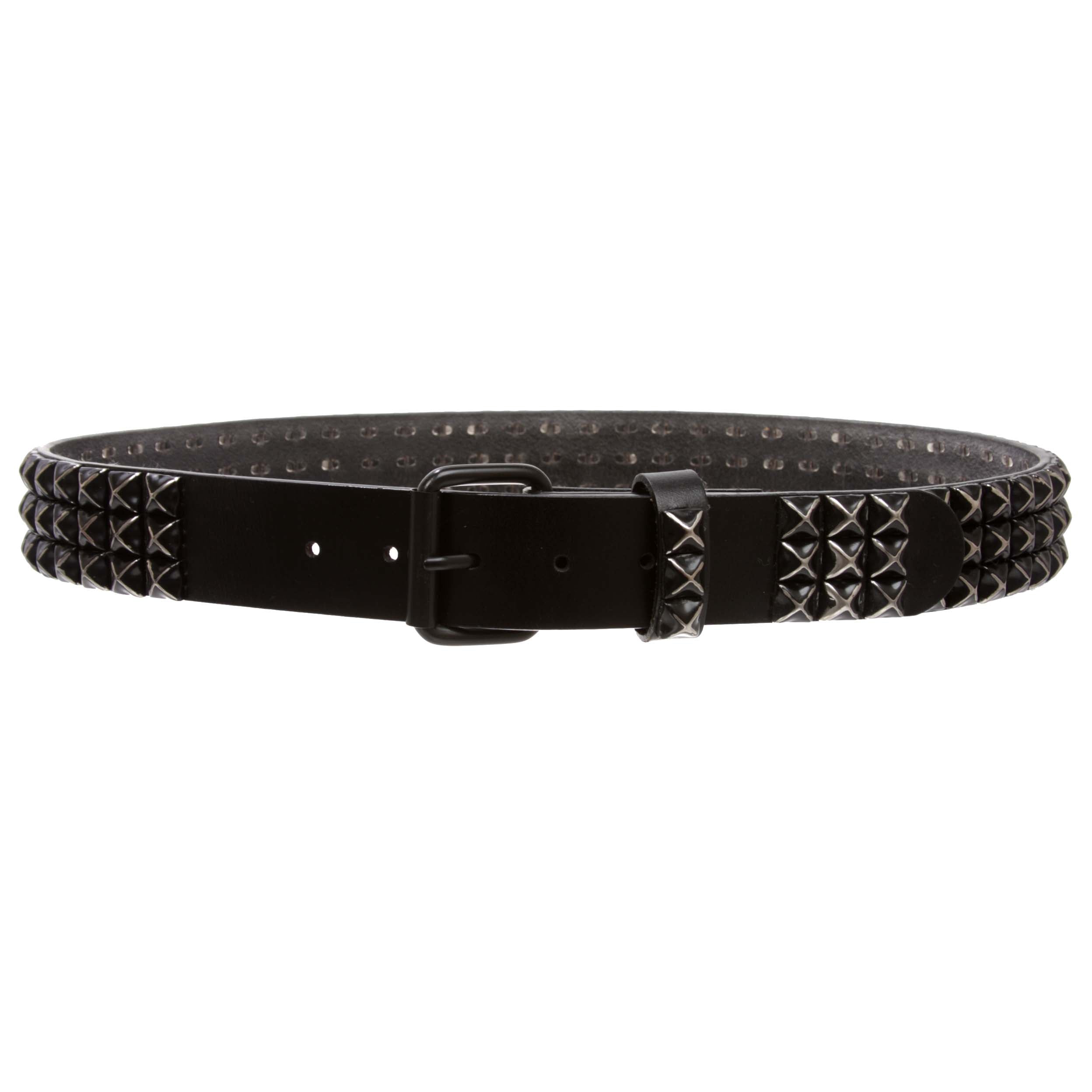 1.5" Three Row Punk Rock Star Distressed Black Studded Leather Belt - OnlineBelts