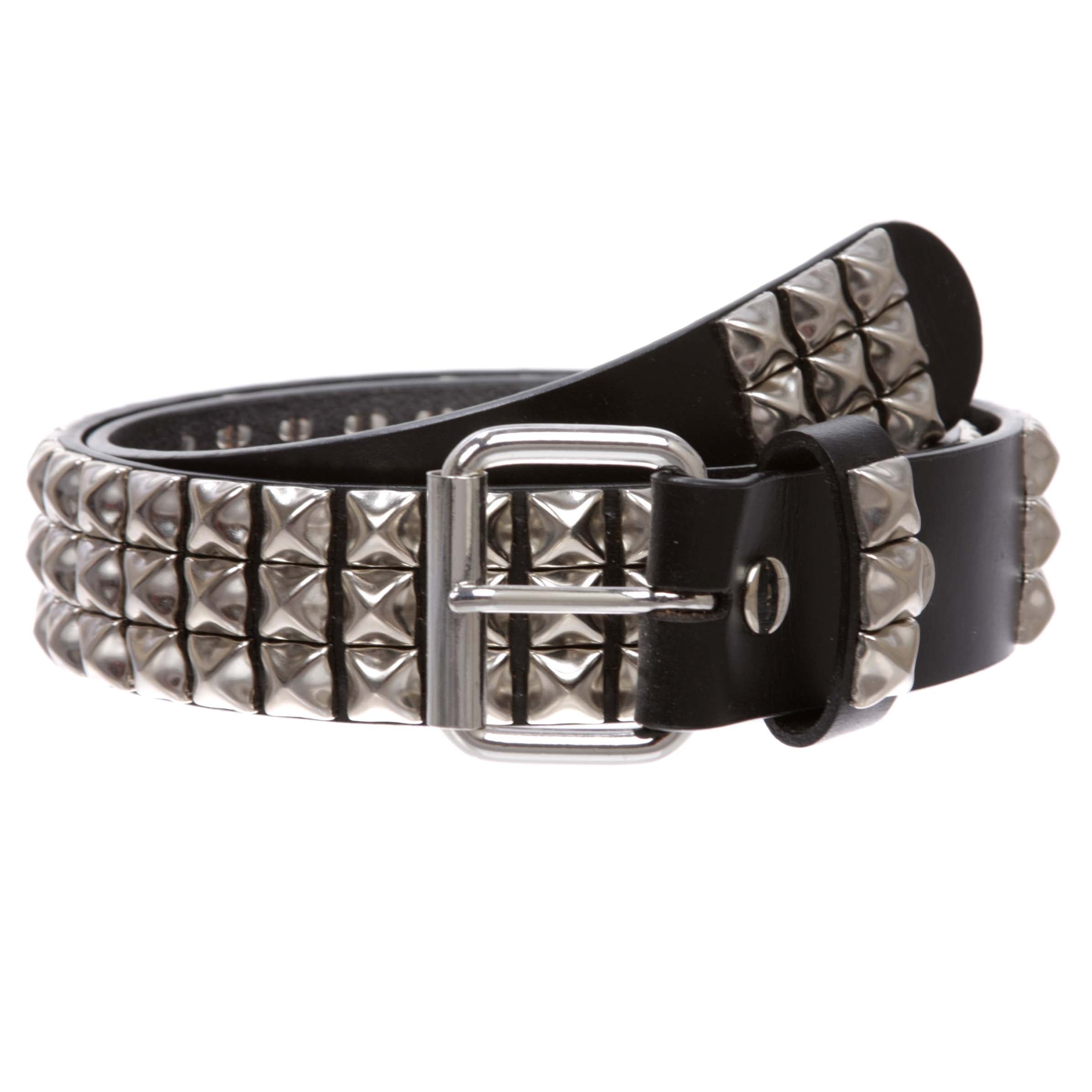 1 1/2" Snap On Three Row Punk Rock Star Metal Studded Cowhide Leather Belt - OnlineBelts