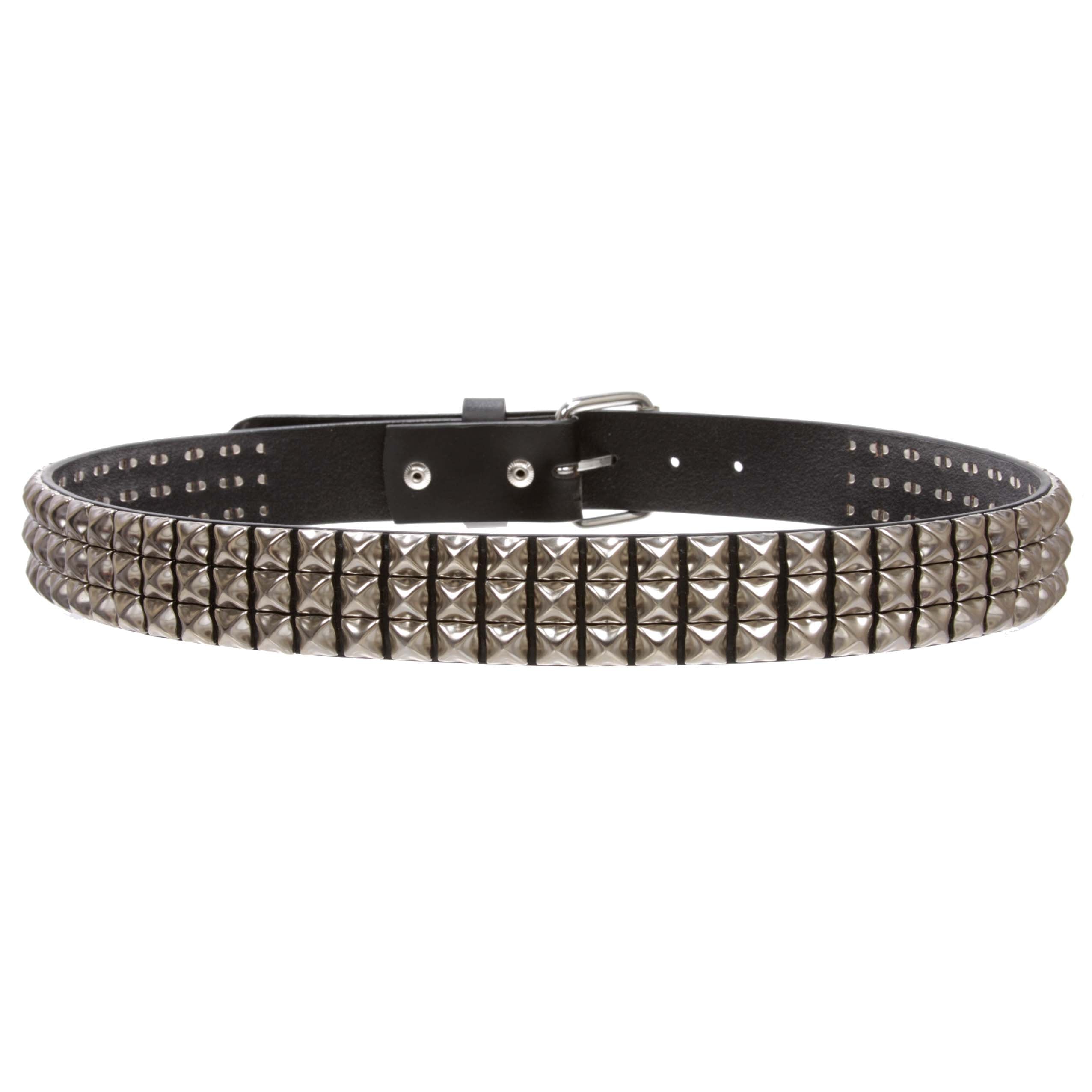 1 1/2" Snap On Three Row Punk Rock Star Metal Studded Cowhide Leather Belt - OnlineBelts