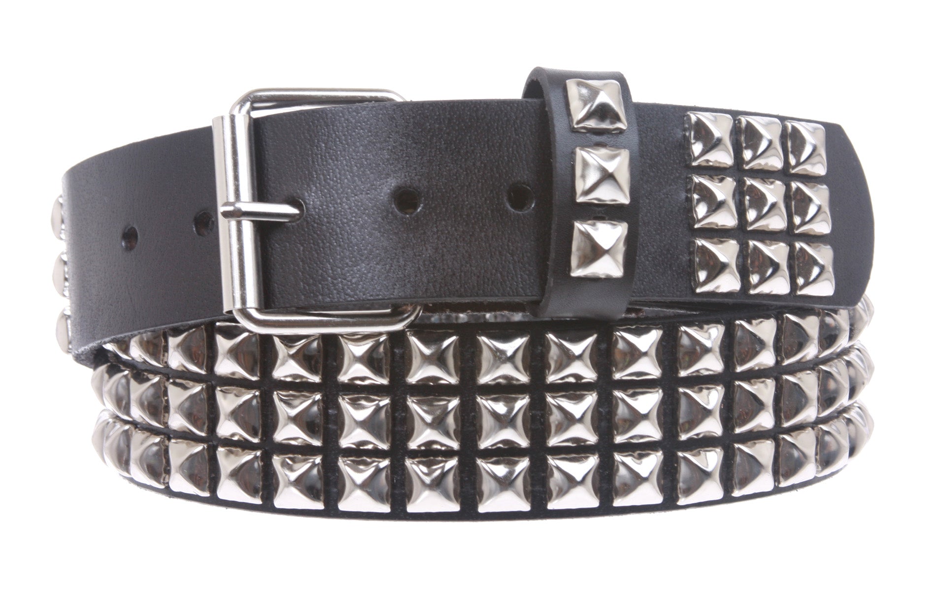 Snap On Three Row Punk Rock Star Metal Silver Studded Full Grain Cowhide Leather Belt - OnlineBelts