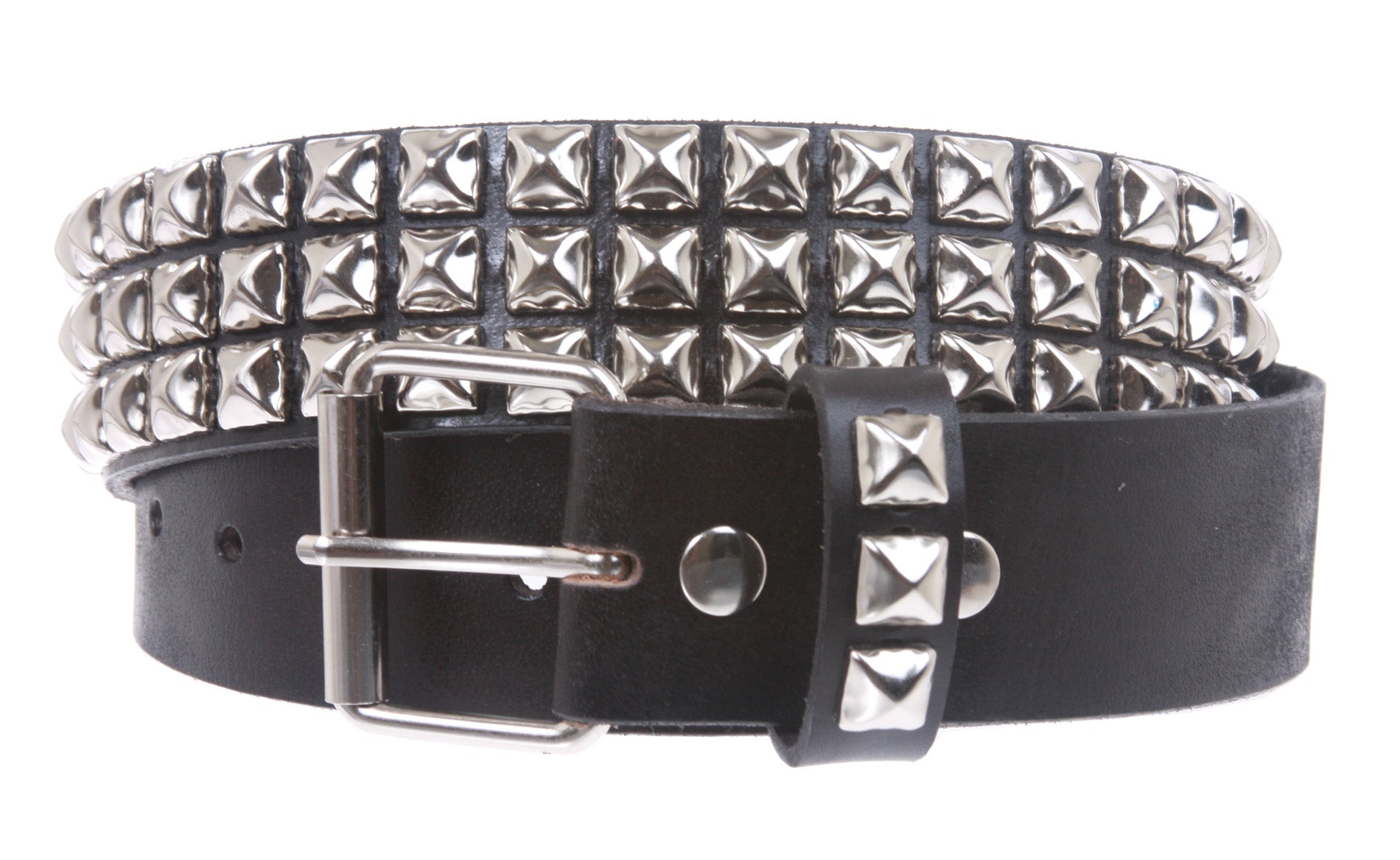 Snap On Three Row Punk Rock Star Metal Silver Studded Full Grain Cowhide Leather Belt - OnlineBelts