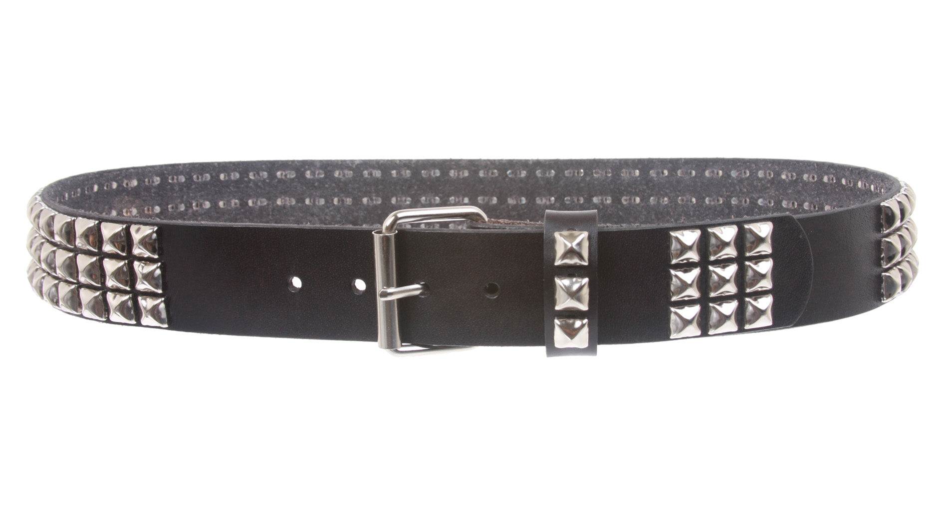 Snap On Three Row Punk Rock Star Metal Silver Studded Full Grain Cowhide Leather Belt - OnlineBelts